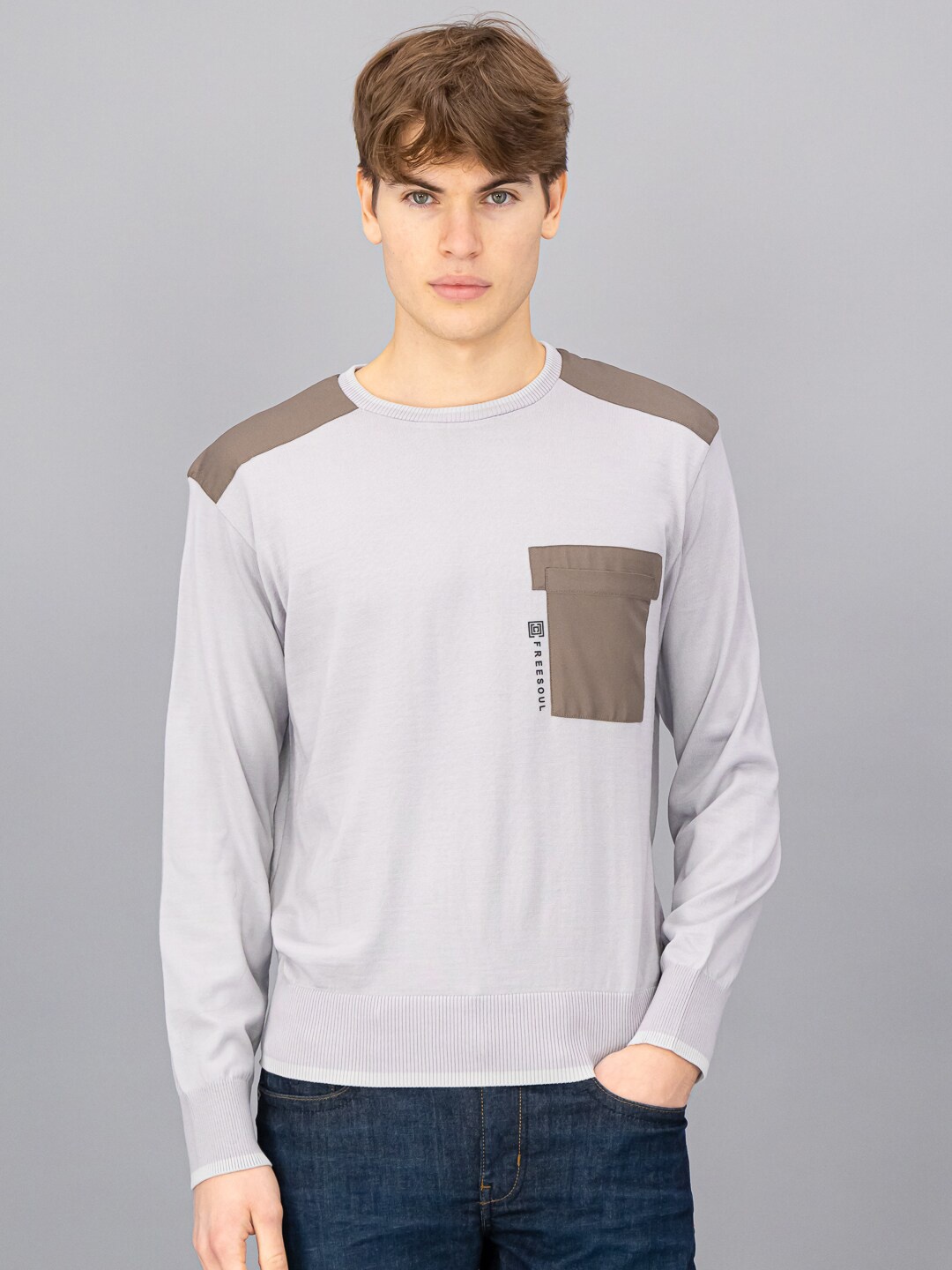 

FREESOUL Men Grey & Brown Wool Colourblocked Pullover