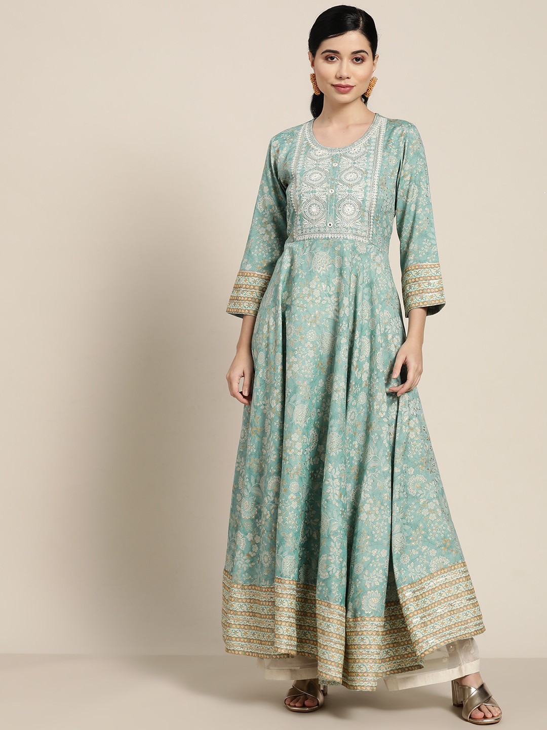 

Rain & Rainbow Women Sea Green Floral Embroidered Mirror Work Anarkali Kurta