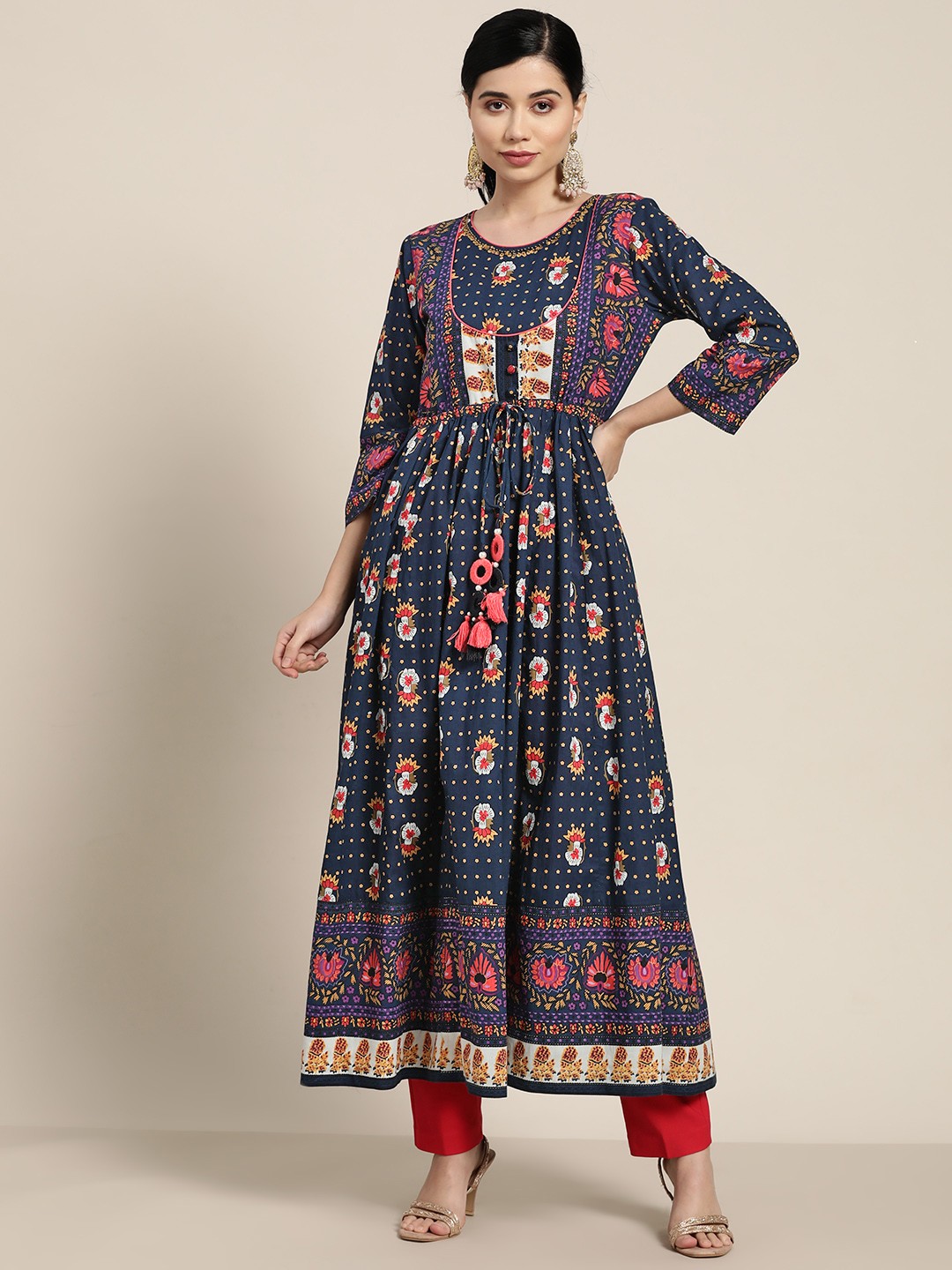 

Rain & Rainbow Women Navy Blue Floral Printed Floral Anarkali Kurta