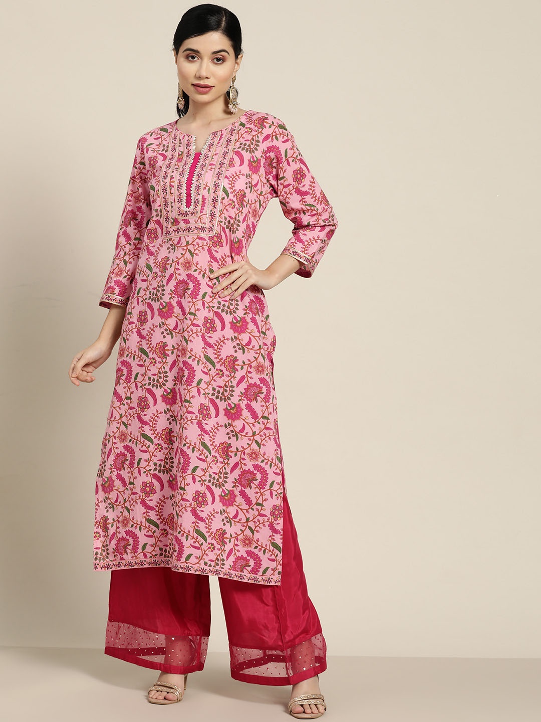 

Rain & Rainbow Women Pink & Green Floral Printed Gotta Patti Pure Cotton Kurta