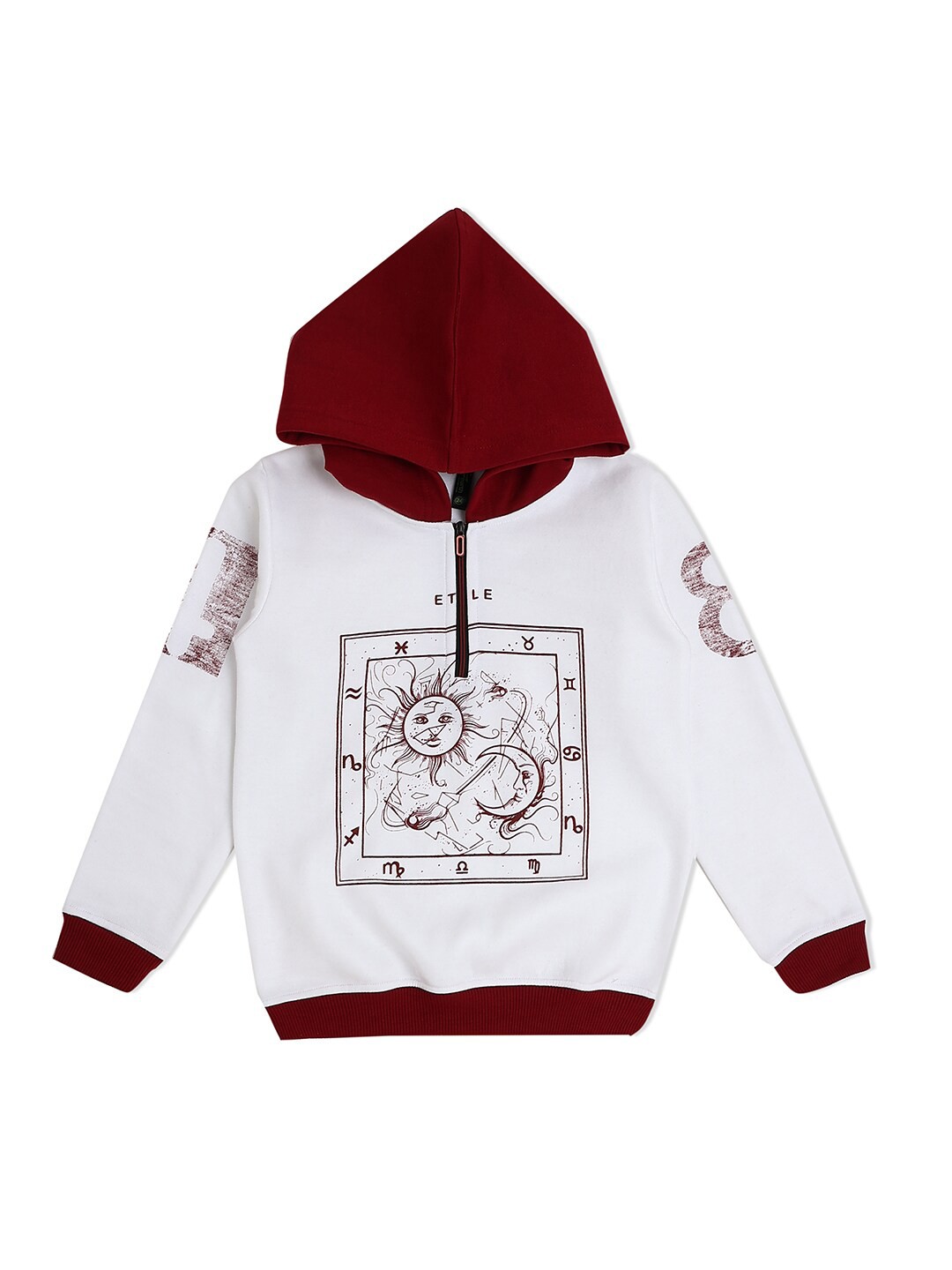 

earth conscious Boys White & Maroon Printed Fleece Hooded Sweatshirt