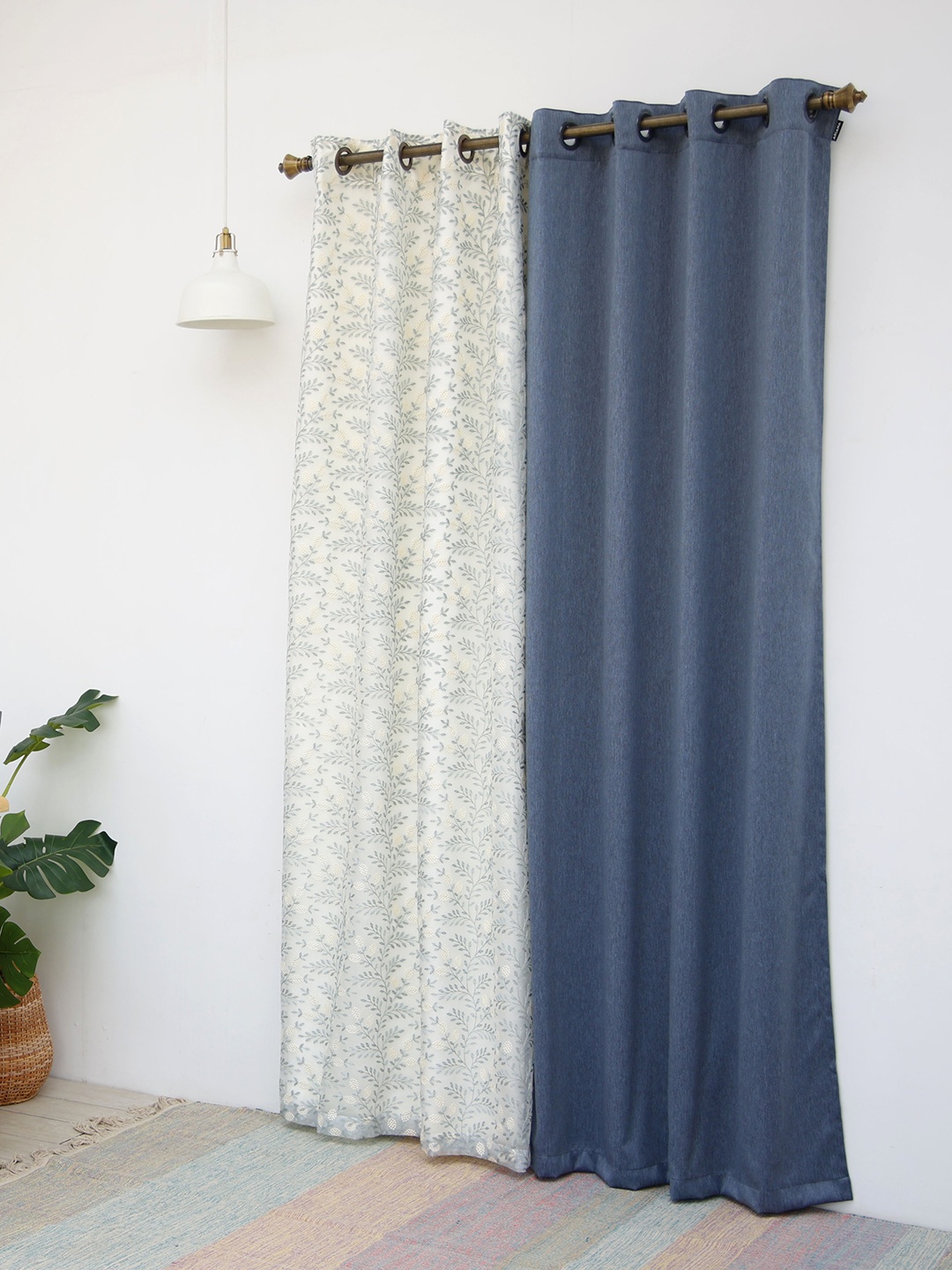 Ariana Blue & Off White 2 Pieces Floral Embroidered Room Darkening Door Curtains