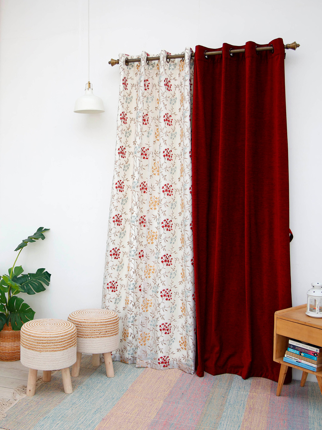 

Ariana Red & White 2 Pieces Floral Embroidered Room Darkening Door Curtains, Maroon