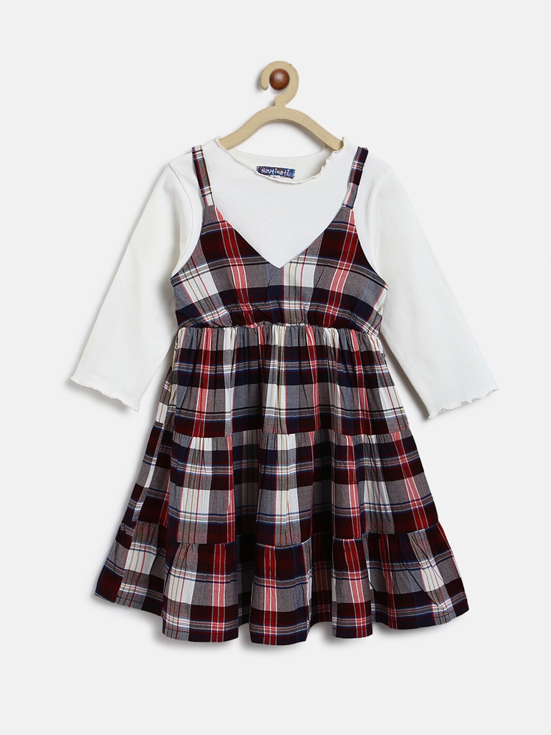 

Nauti Nati Red & Grey Checked Layered Cotton Pinafore Dress