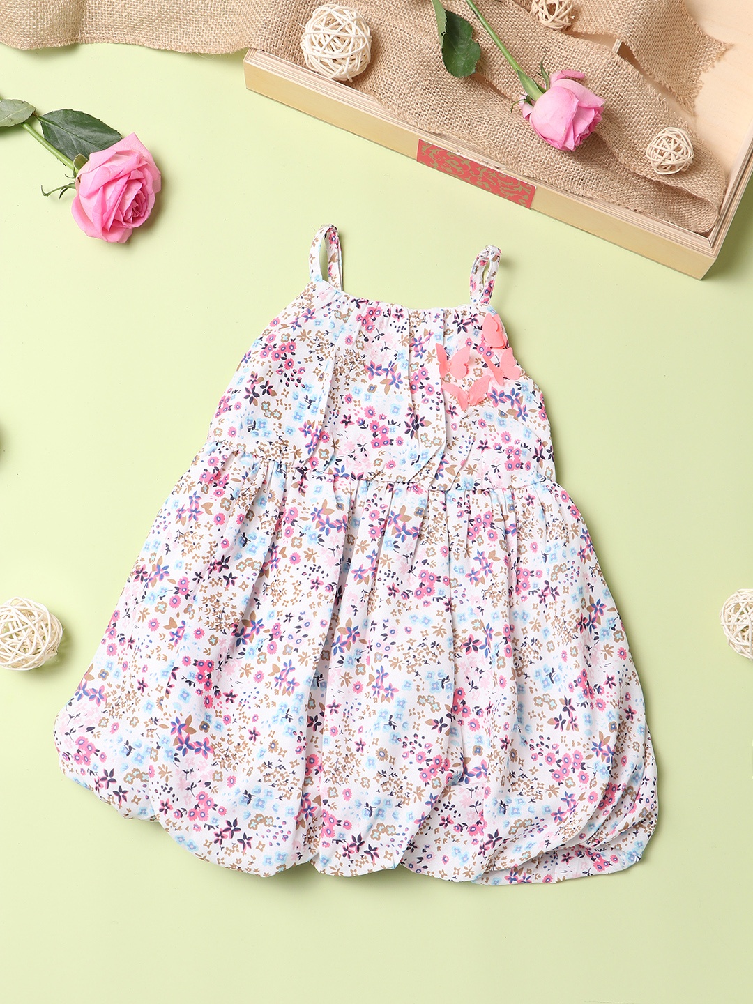 

Nauti Nati Girls White & Blue Floral Crepe A-Line Dress