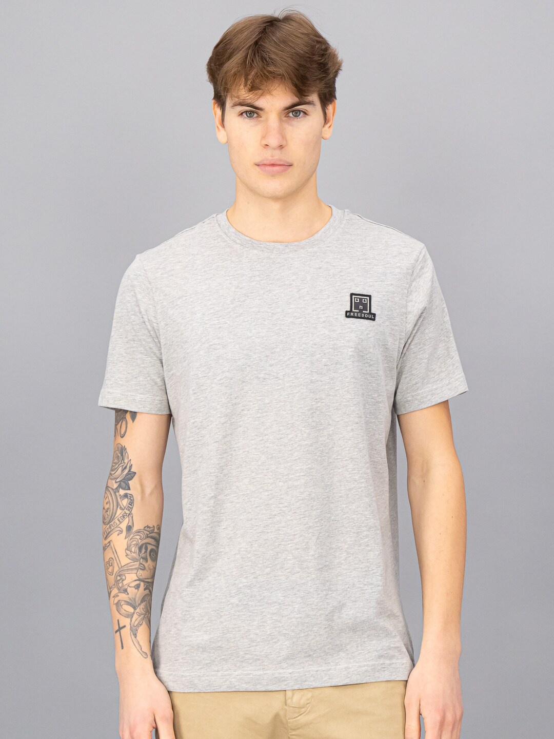 

FREESOUL Men Grey Round Neck T-shirt