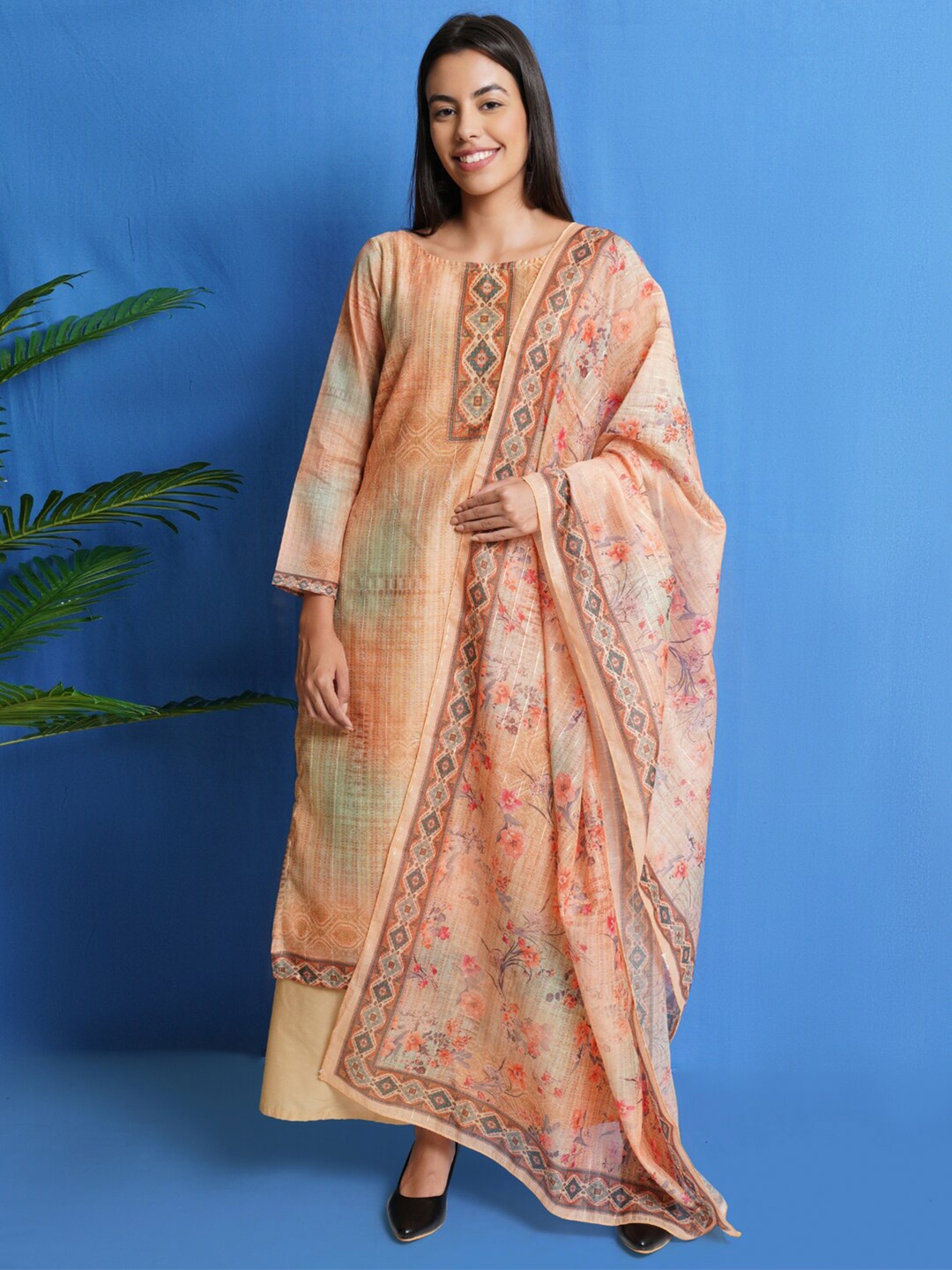 

Stylee LIFESTYLE Peach-Coloured & Pink Printed Art Silk Unstitched Dress Material