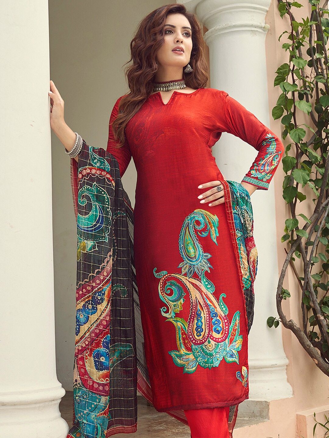 

Stylee LIFESTYLE Red & Blue Printed Pure Silk Unstitched Dress Material