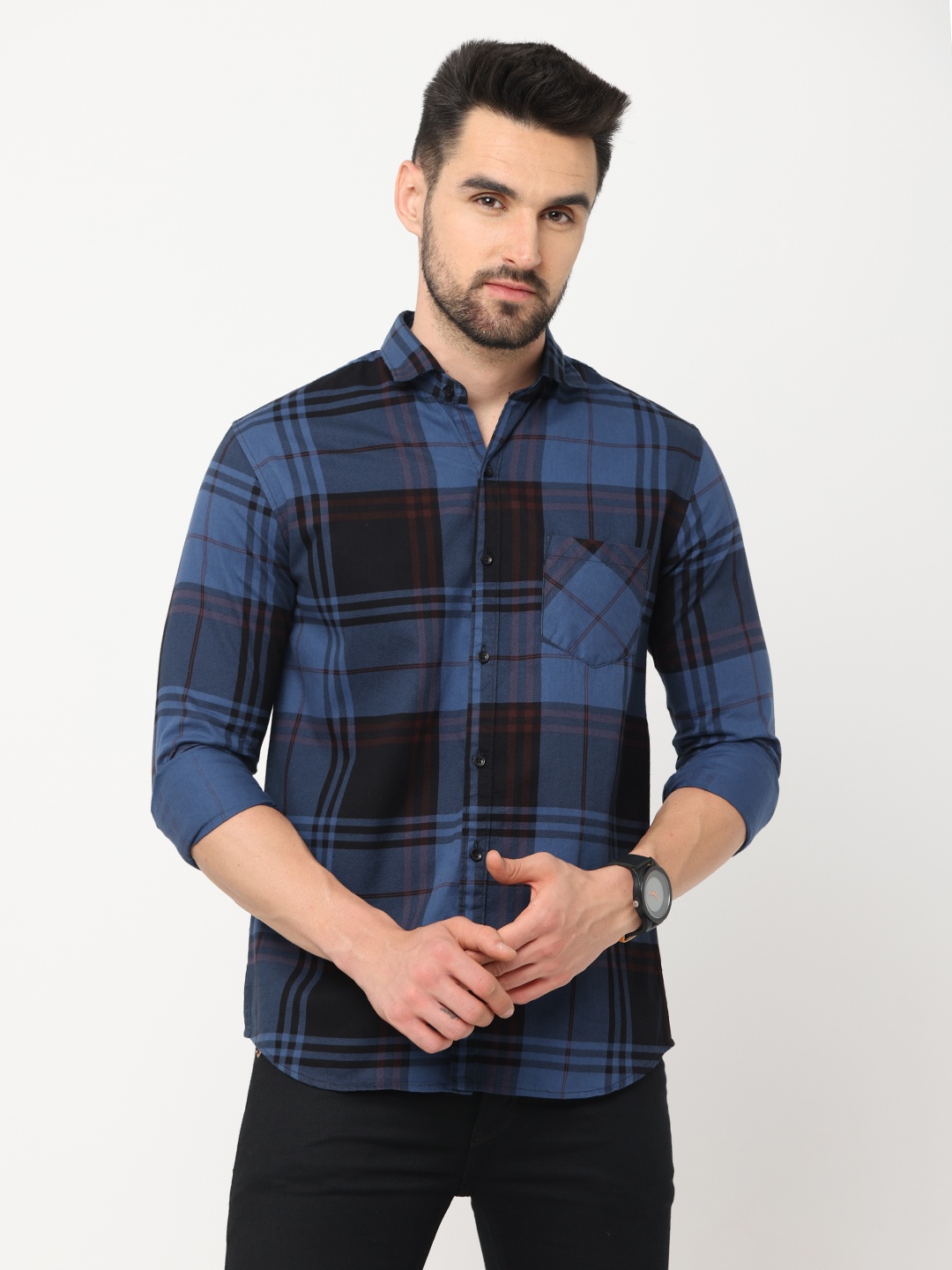 

Jean Cafe Men Teal Premium Slim Fit Tartan Checks Checked Casual Shirt