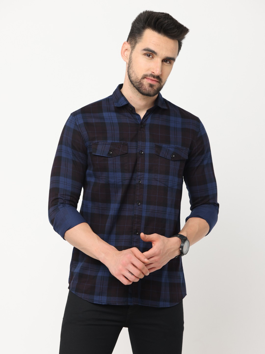 

Jean Cafe Men Black Premium Slim Fit Tartan Checks Casual Shirt