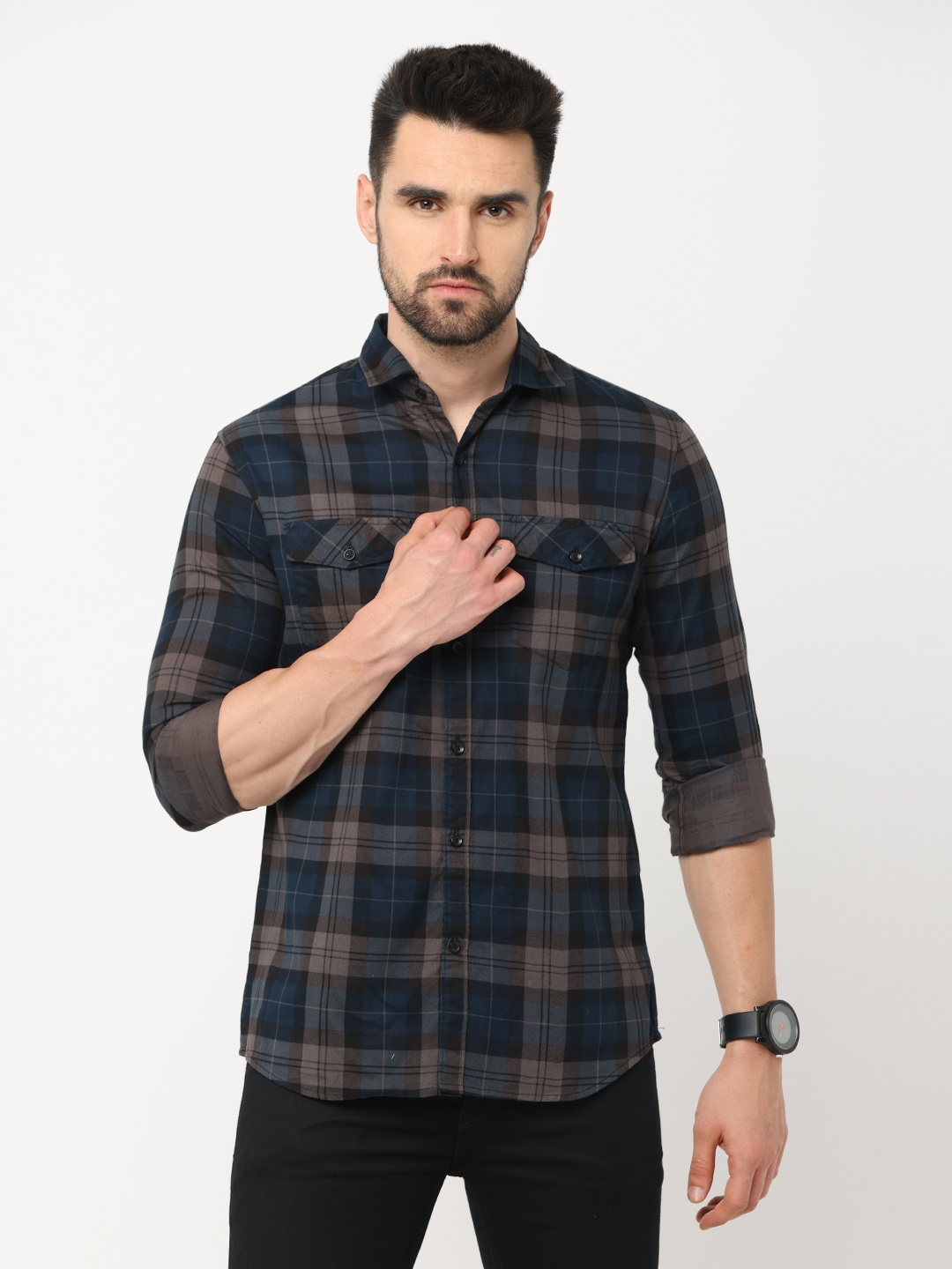 

Jean Cafe Men Blue Premium Slim Fit Tartan Checks Casual Shirt