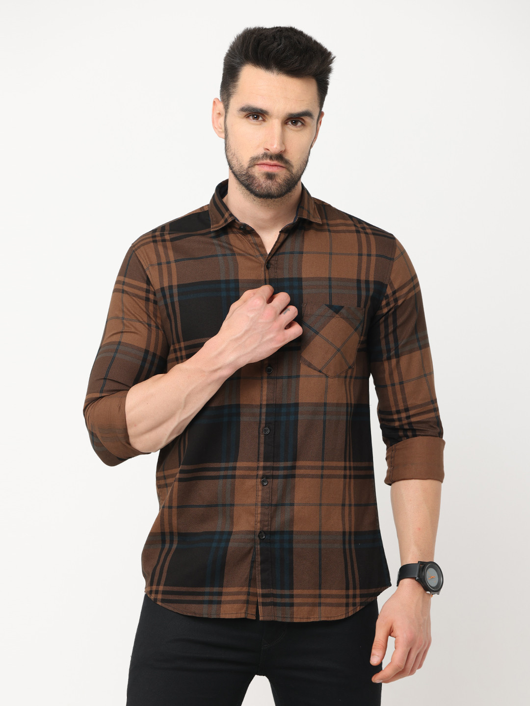 

Jean Cafe Men Brown Premium Slim Fit Tartan Checks Casual Shirt