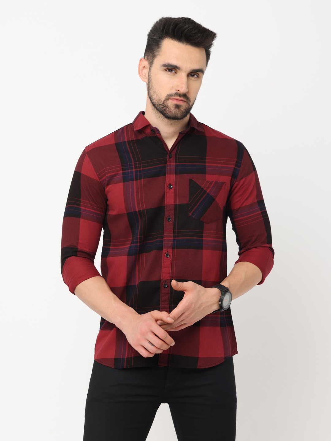 

Jean Cafe Men Red Premium Slim Fit Buffalo Checks Casual Shirt