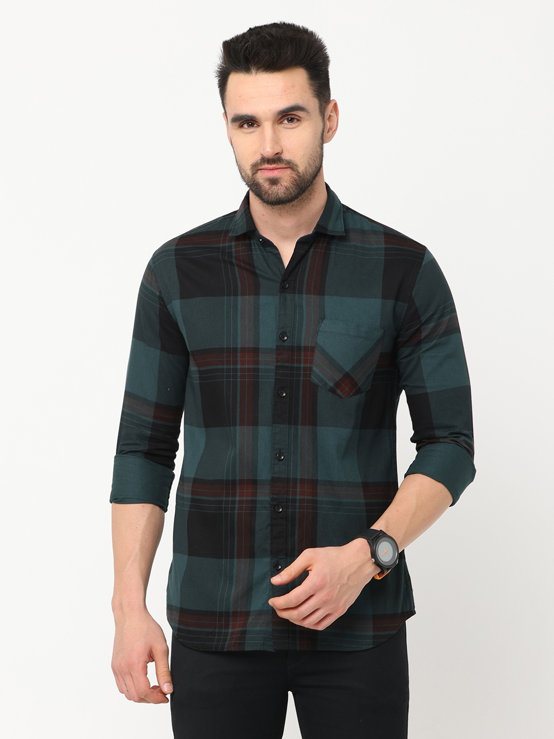 

Jean Cafe Men Brown Premium Slim Fit Tartan Checks Casual Shirt