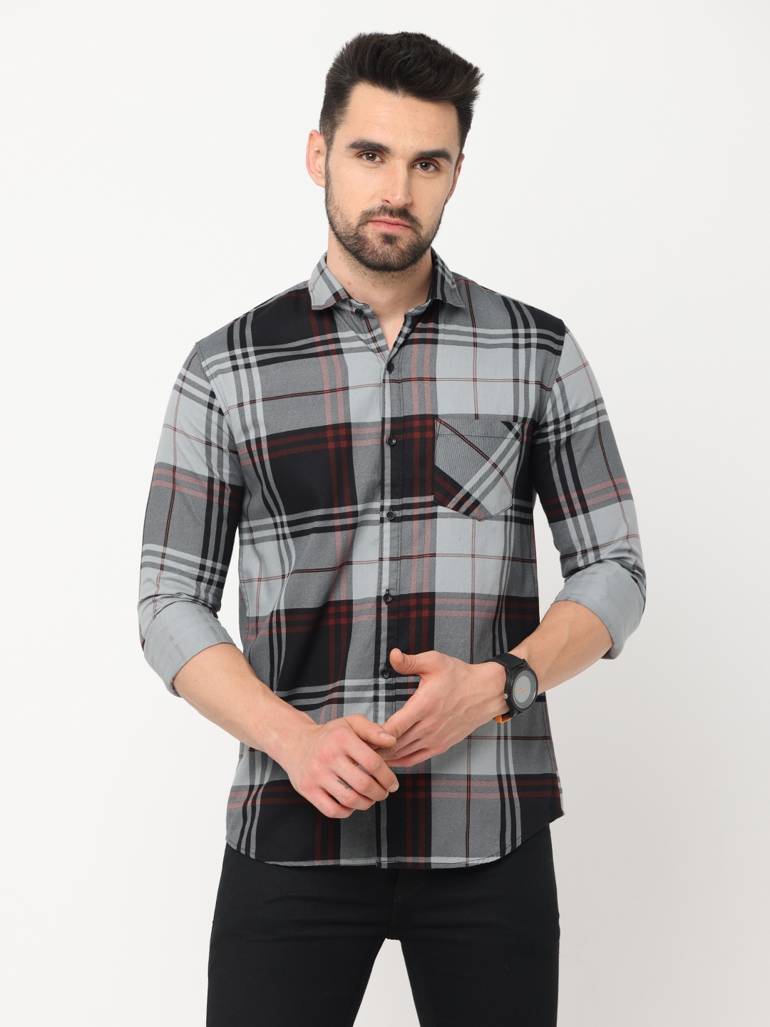 

Jean Cafe Men Grey Premium Slim Fit Tartan Checks Casual Shirt