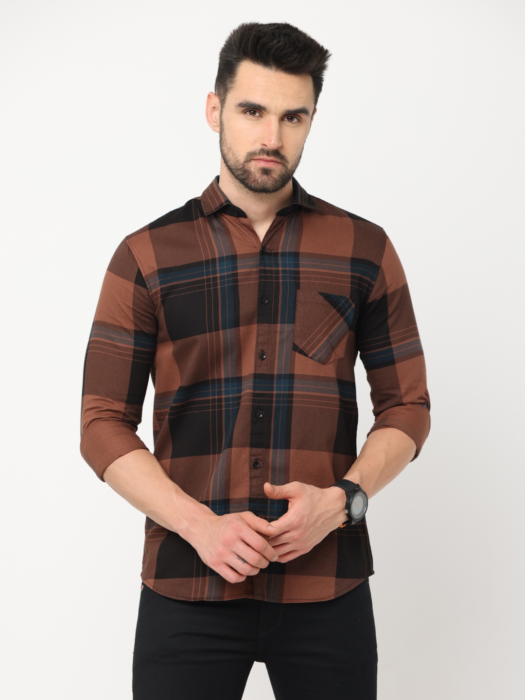 

Jean Cafe Men Rust Premium Slim Fit Buffalo Checks Casual Shirt