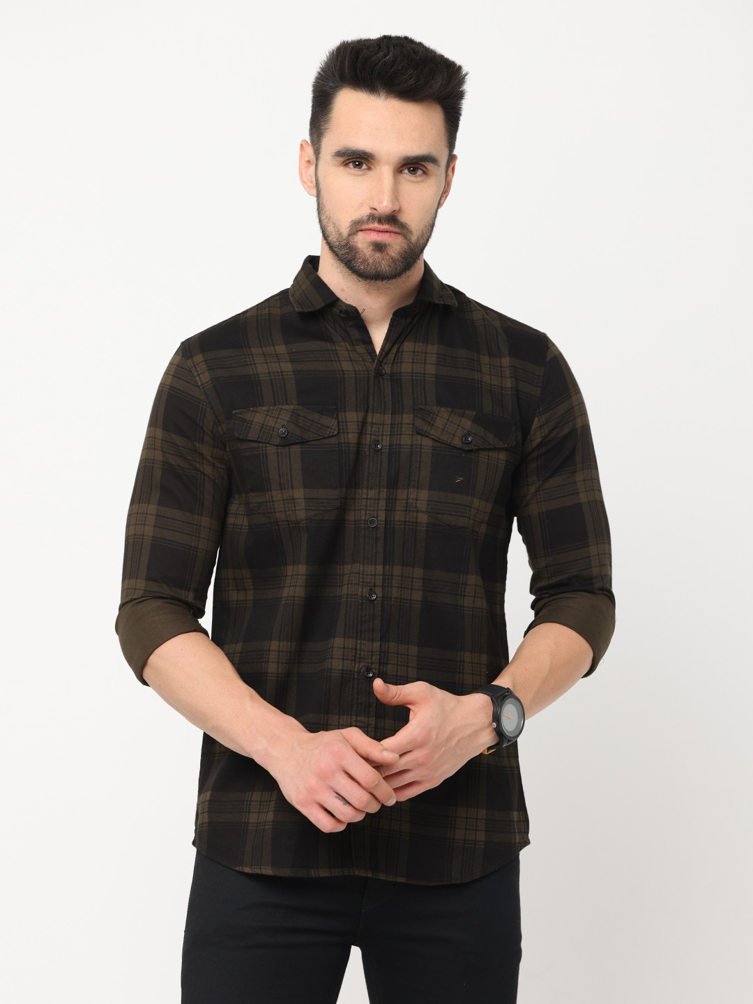 

Jean Cafe Men Khaki Premium Slim Fit Tartan Checks Casual Shirt