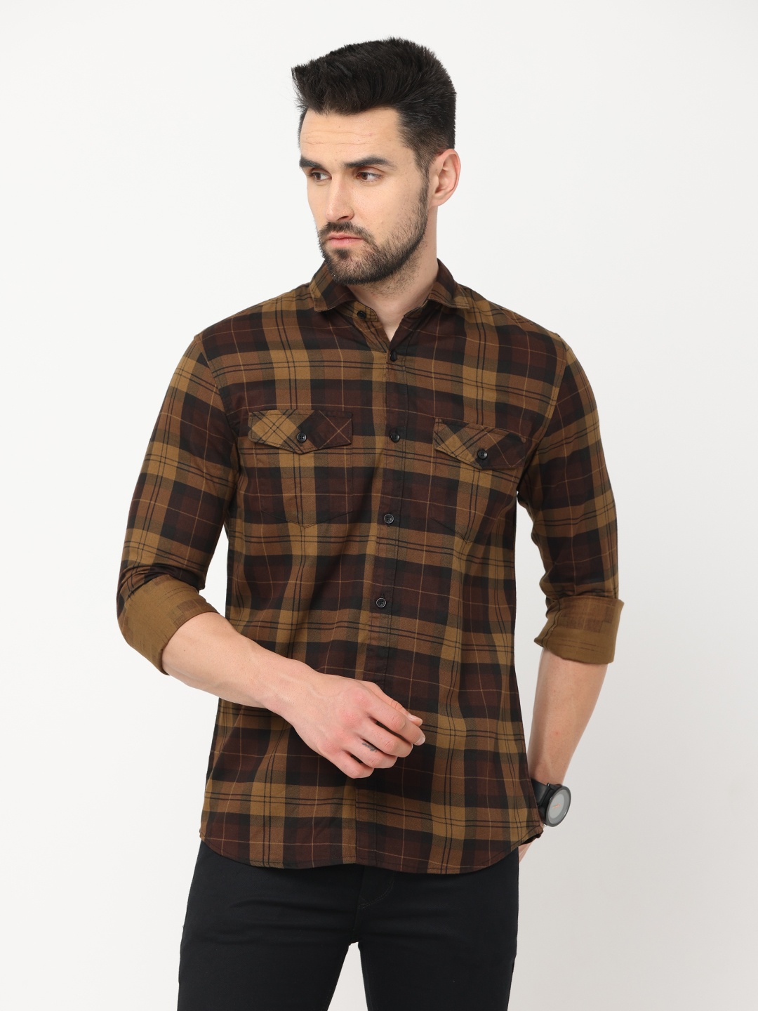 

Jean Cafe Men Khaki Premium Slim Fit Tartan Checks Casual Shirt