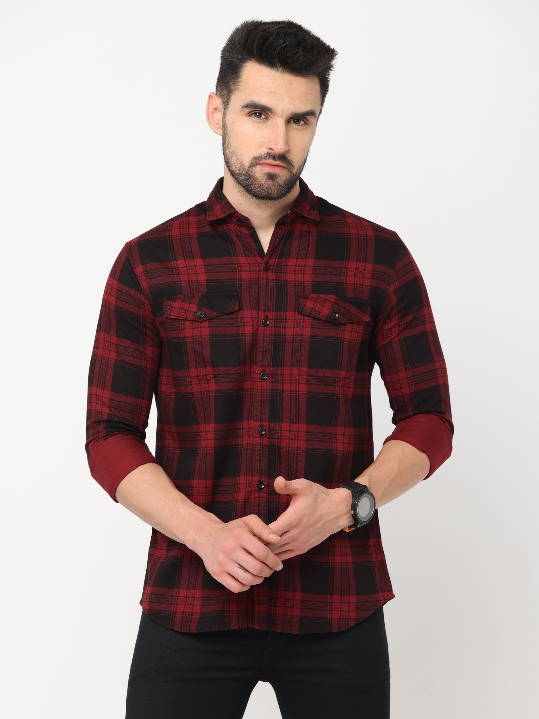 

Jean Cafe Men Red Premium Slim Fit Tartan Checks Casual Shirt