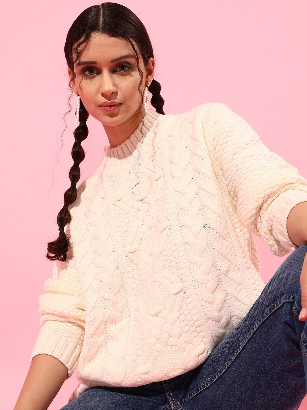 

STREET 9 Women Cream-Coloured Cable Knit Acrylic Pullover