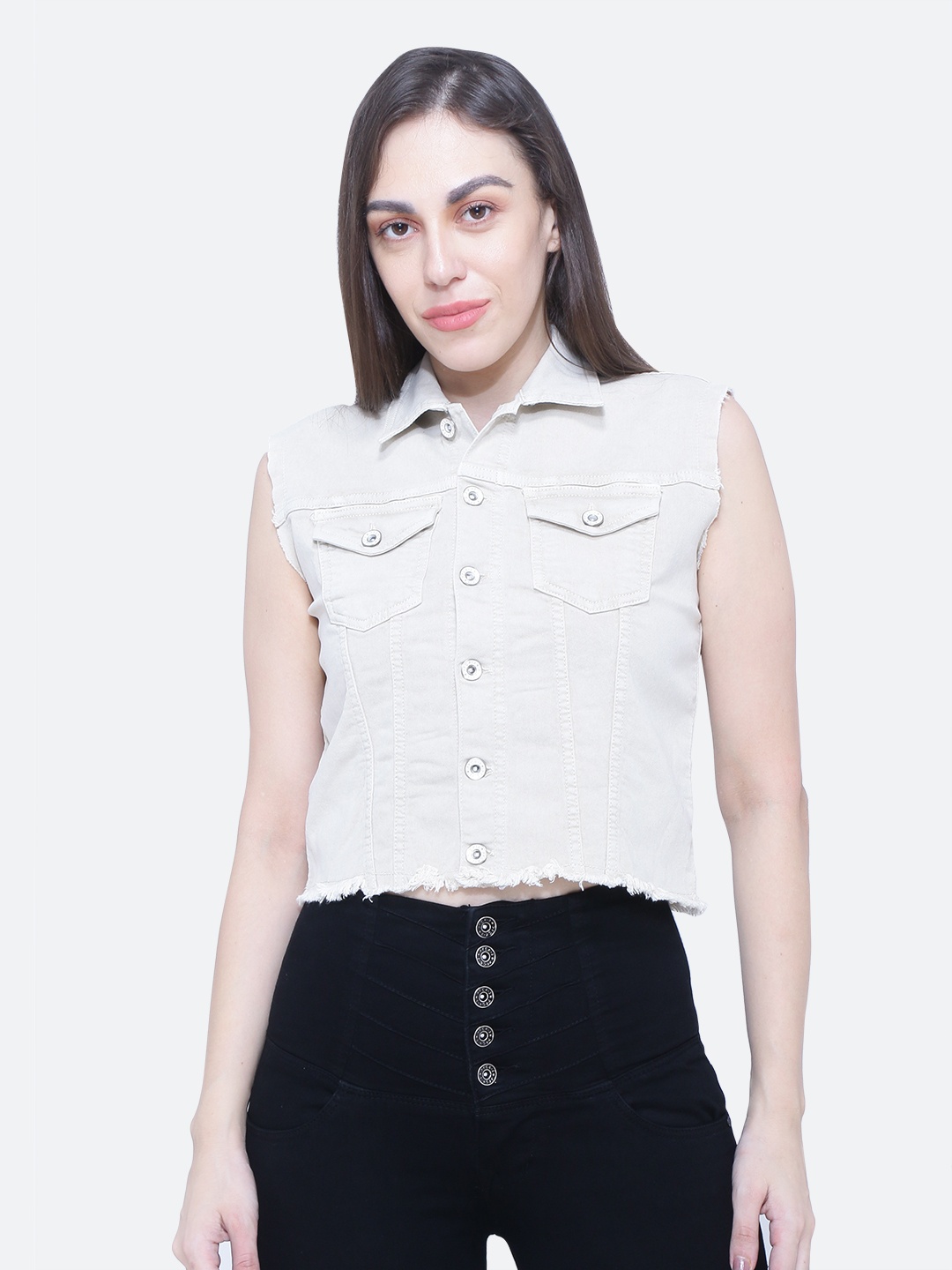 

FCK-3 Women Beige Crop Denim Jacket