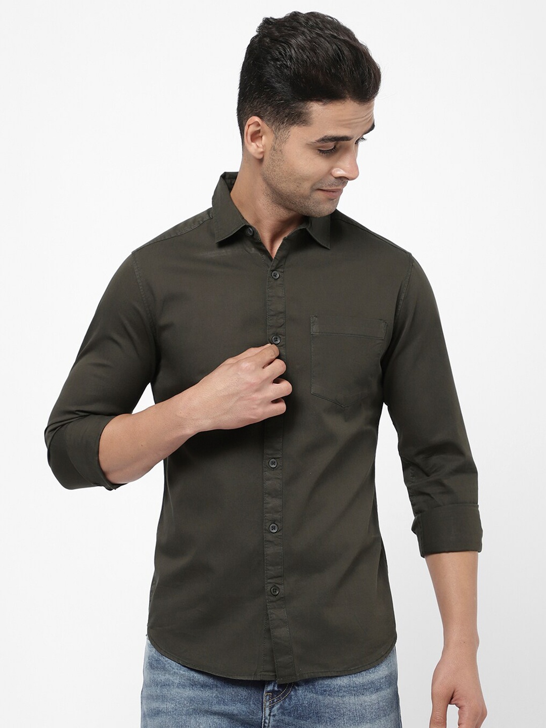 

R&B Men Olive Green Cotton Casual Shirt