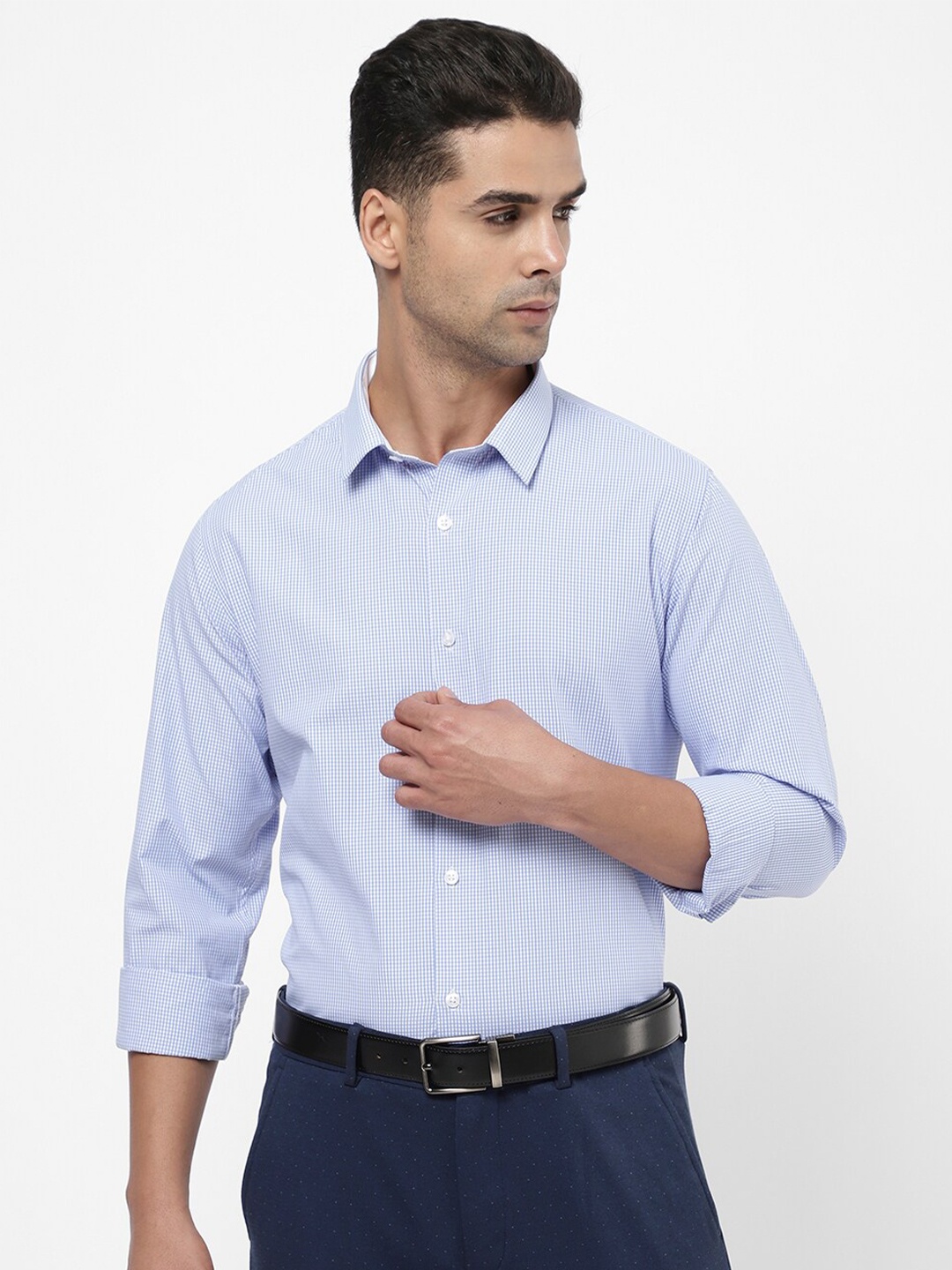 

R&B Men Micro Checked Cotton Formal Shirt, Blue