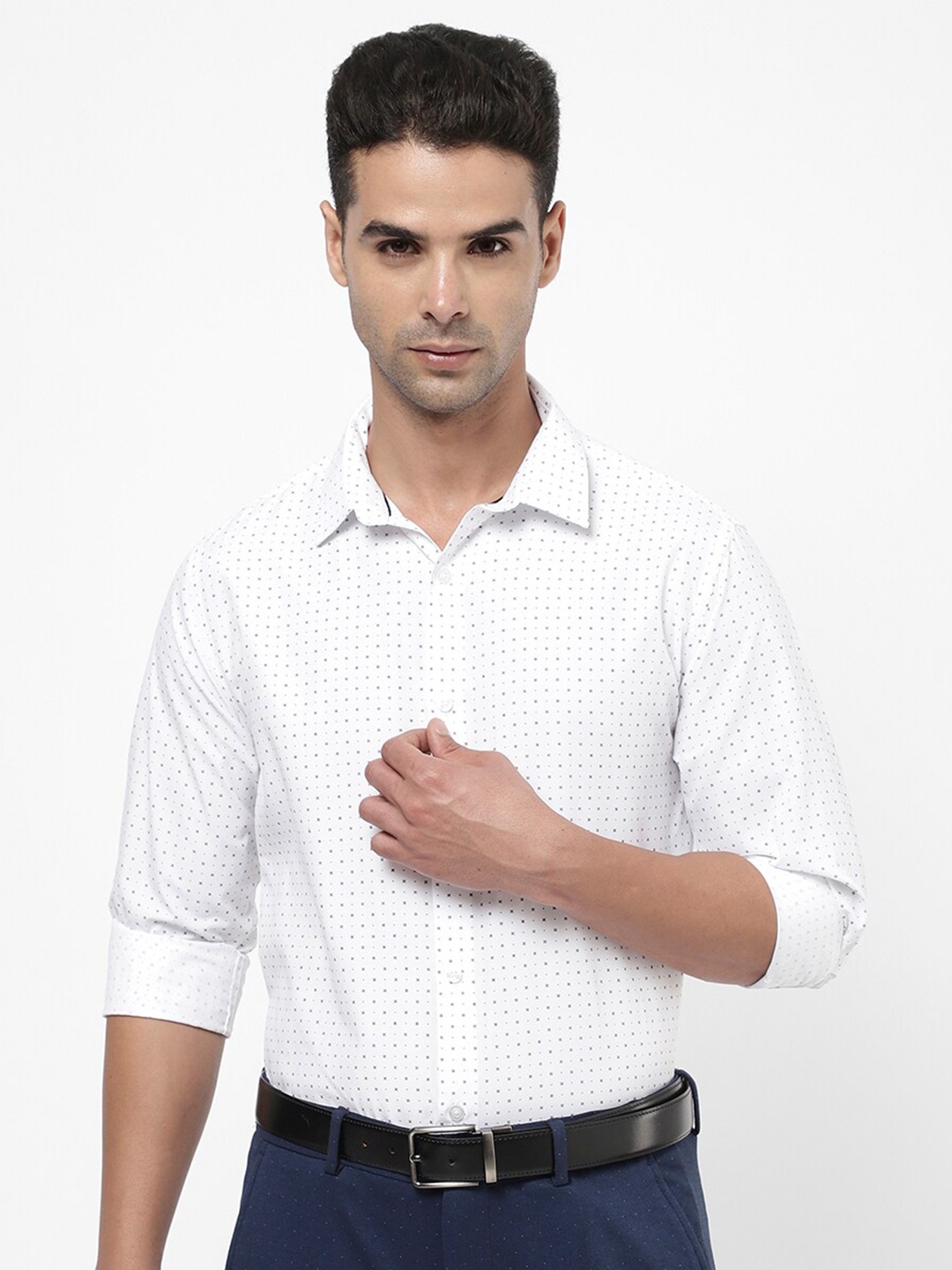 

R&B Men Printed Cotton Formal Shirt, White