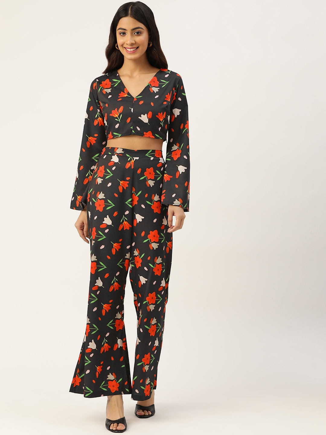 

Sleek Italia Black & Coral Orange Floral Printed Co-Ords