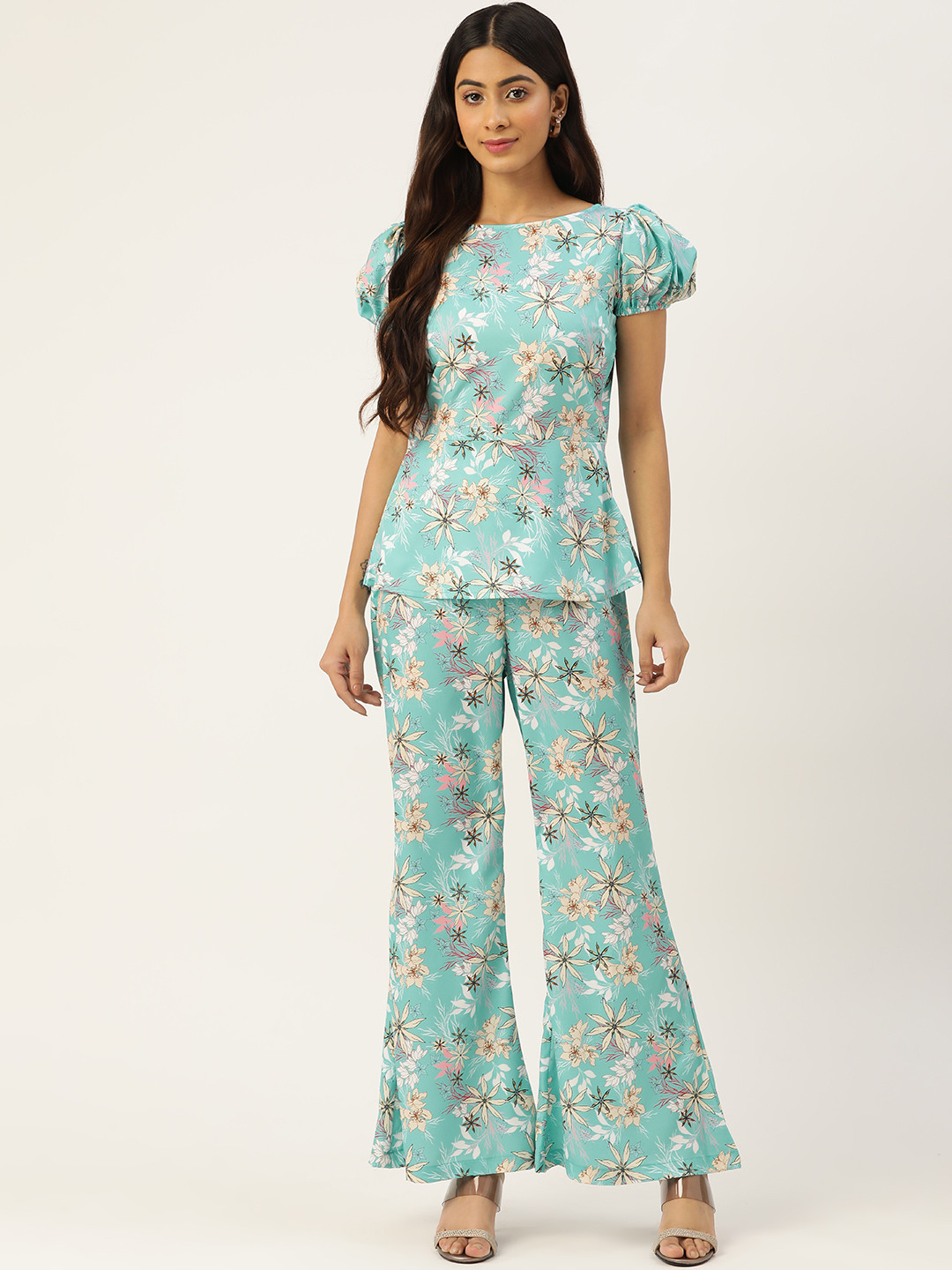 

Sleek Italia Women Sea Green & Off-White Floral Print Top with Trousers