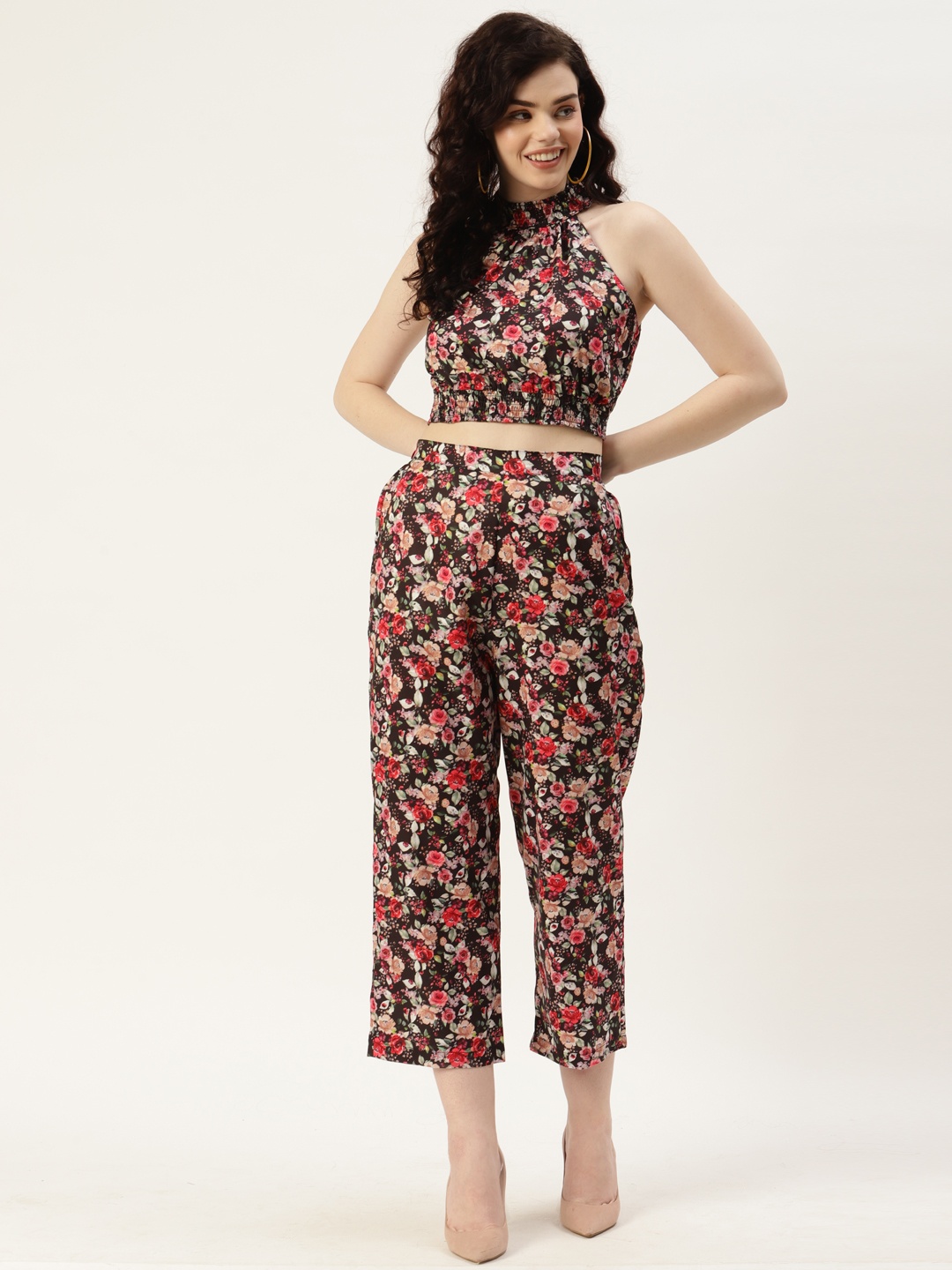 

Sleek Italia Women Black Floral Printed Top With Trousers