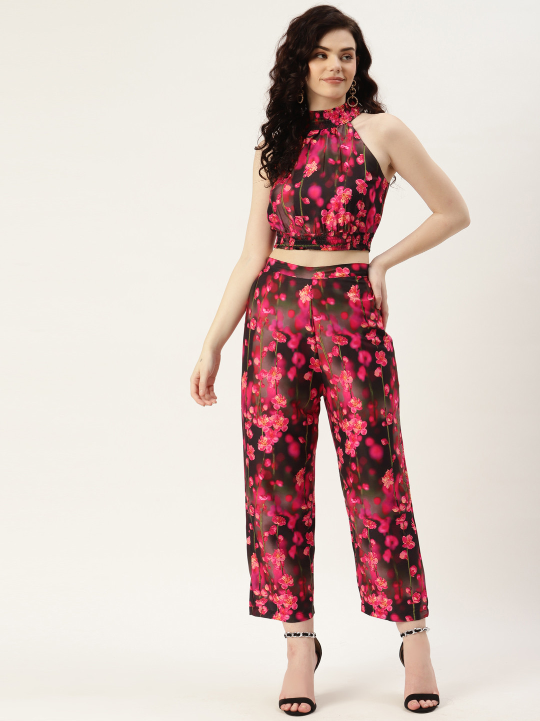 

Sleek Italia Women Black & Red Floral Printed Top With Trousers