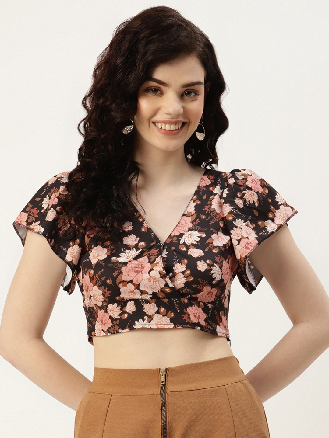 

Sleek Italia Black Floral Print Crepe Wrap Crop Top