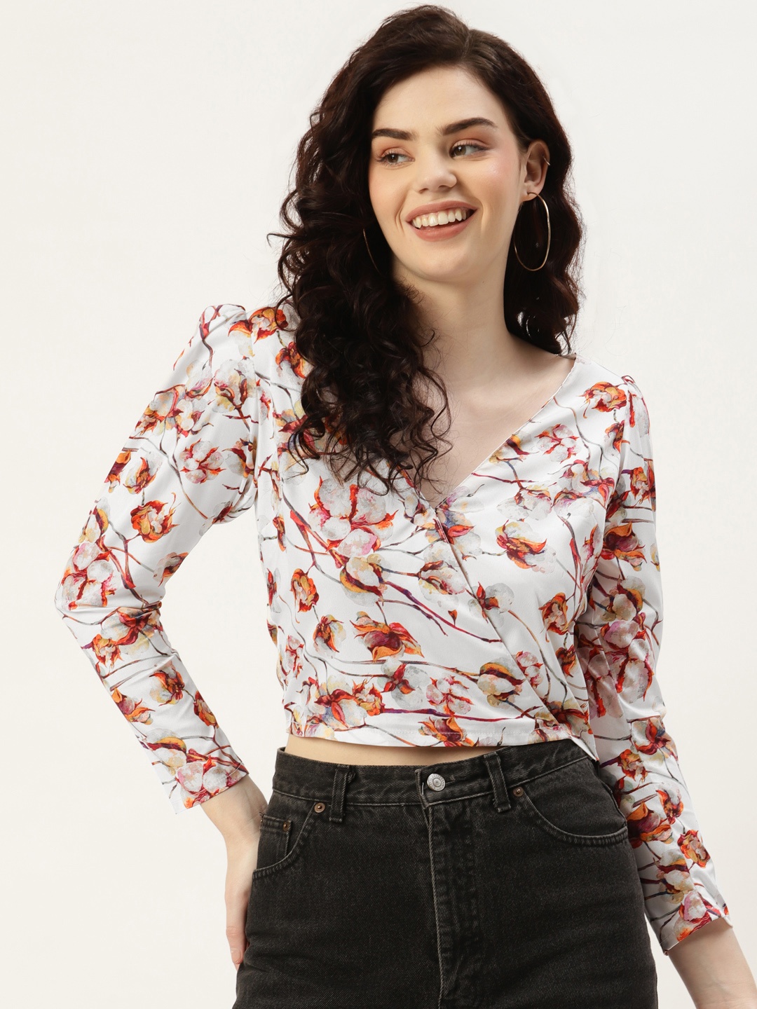 

Sleek Italia White Floral Print Crepe Wrap Crop Top