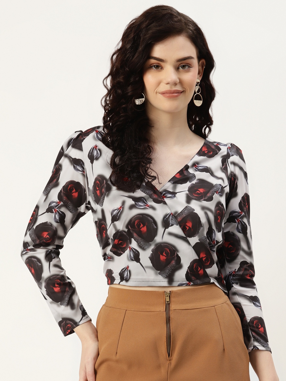 

Sleek Italia Grey Floral Print Crepe Wrap Crop Top