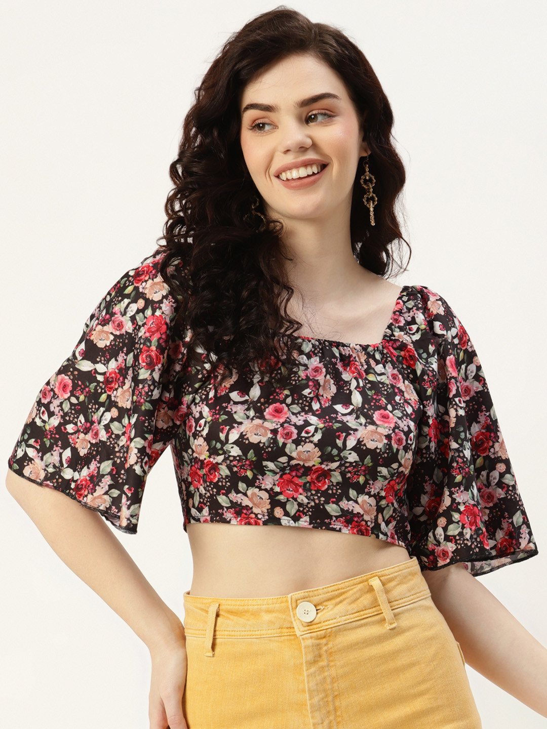 

Sleek Italia Black Floral Print Crepe Crop Top