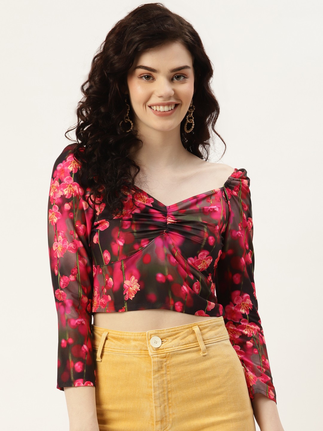 

Sleek Italia Black Floral Print Sweetheart Neck Crepe Crop Top