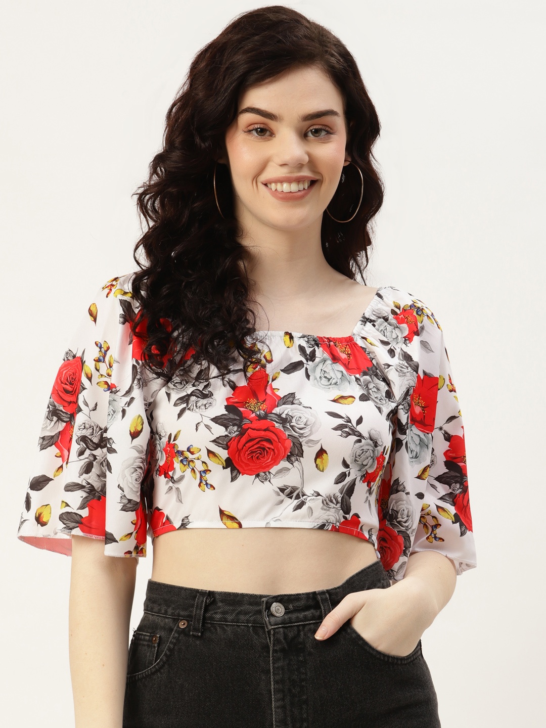 

Sleek Italia White Floral Print Crepe Crop Top