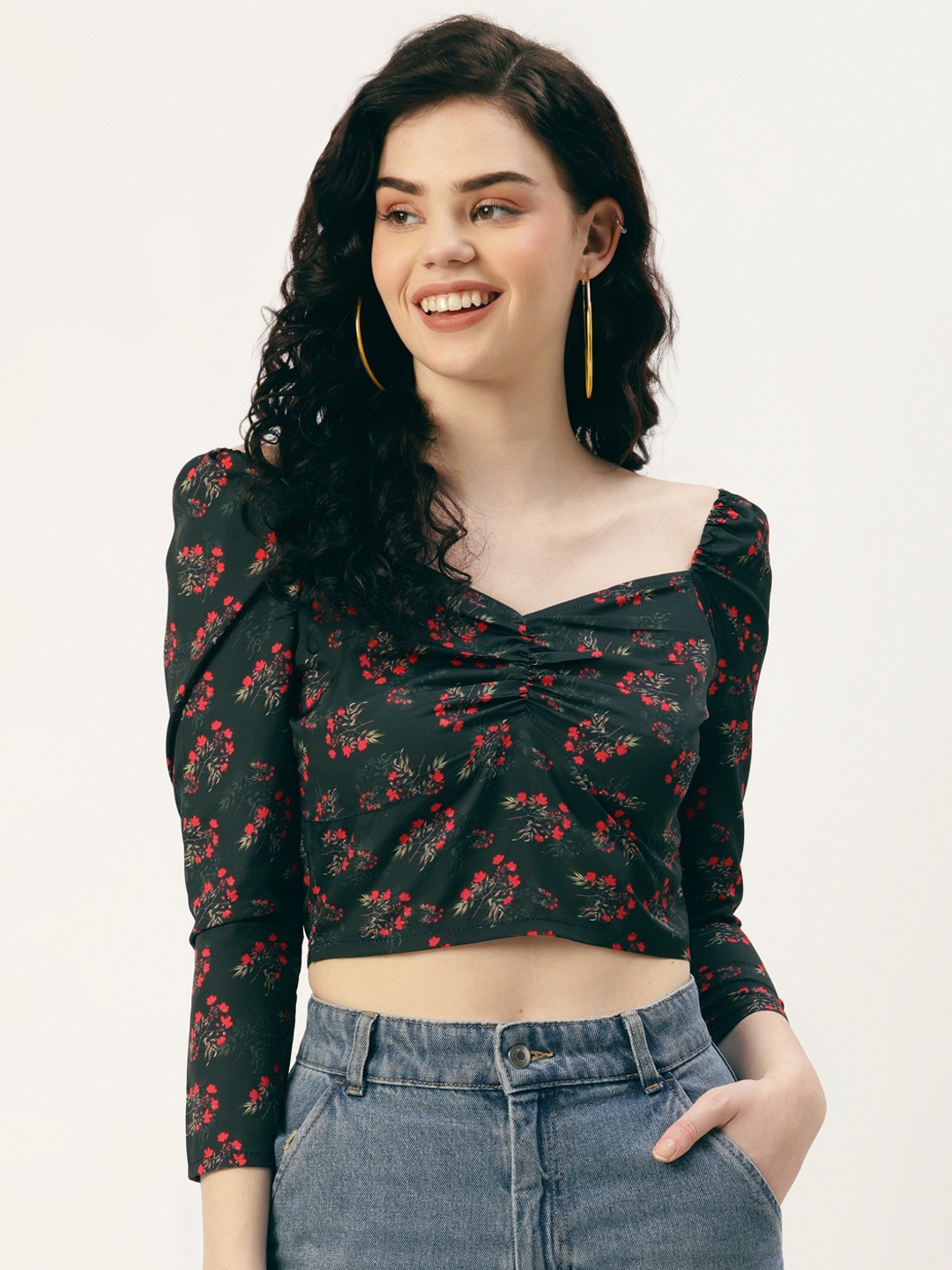 

Sleek Italia Olive Green Floral Print Sweetheart Neck Crepe Crop Top