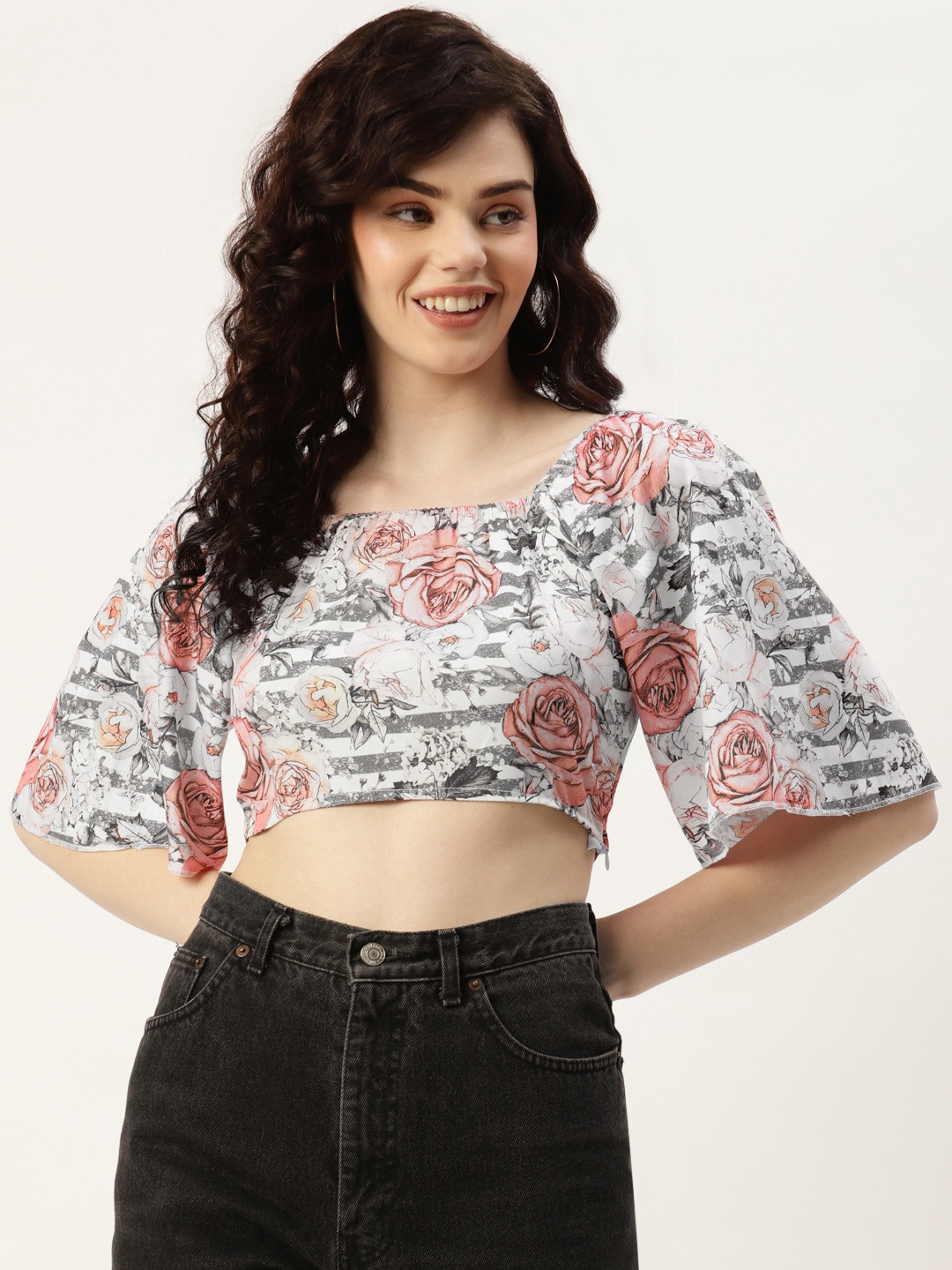 

Sleek Italia White & Pink Floral Print Crepe Crop Top