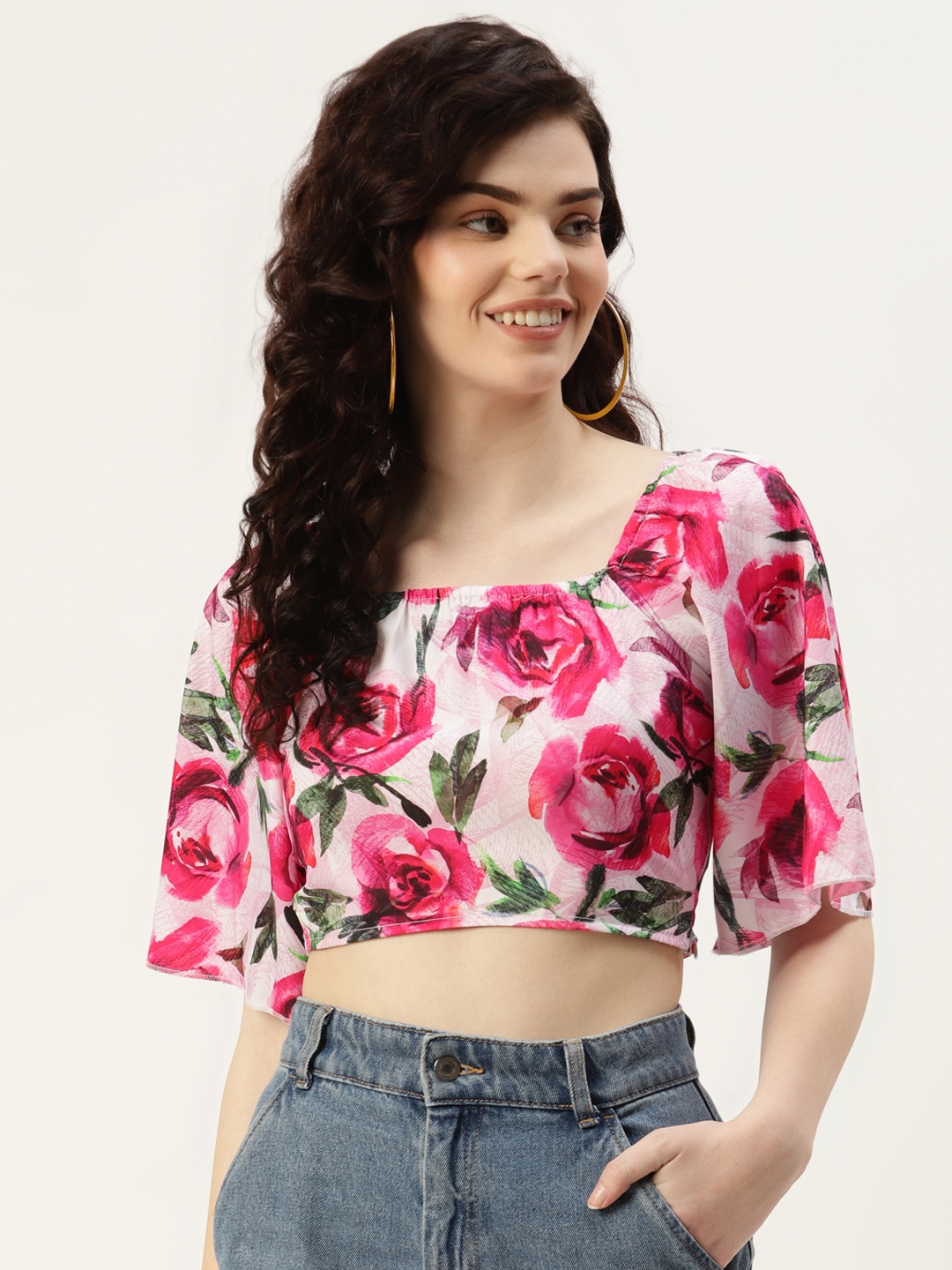 

Sleek Italia White Floral Print Crepe Crop Top