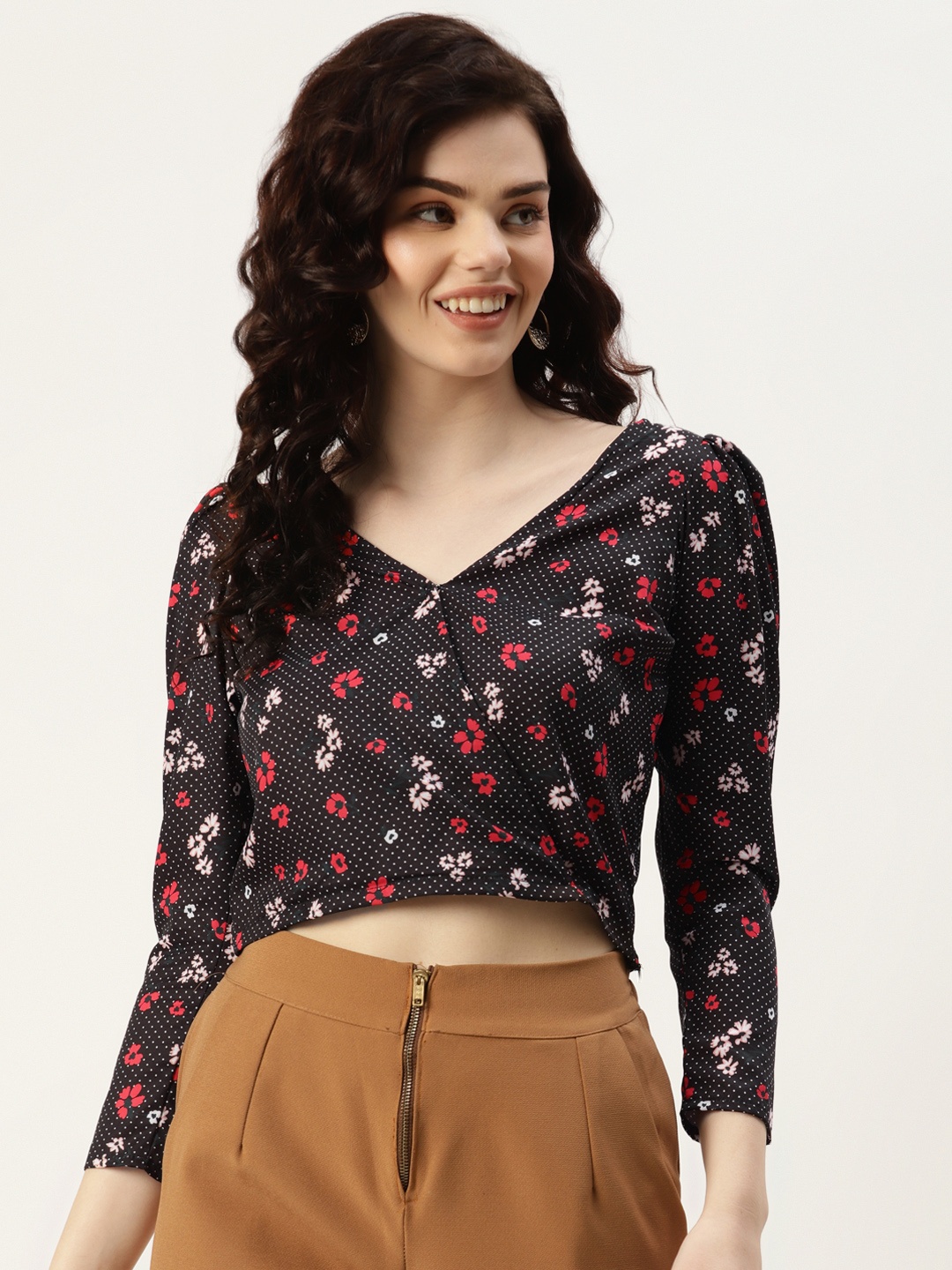 

Sleek Italia Black Floral Print Crepe Wrap Crop Top