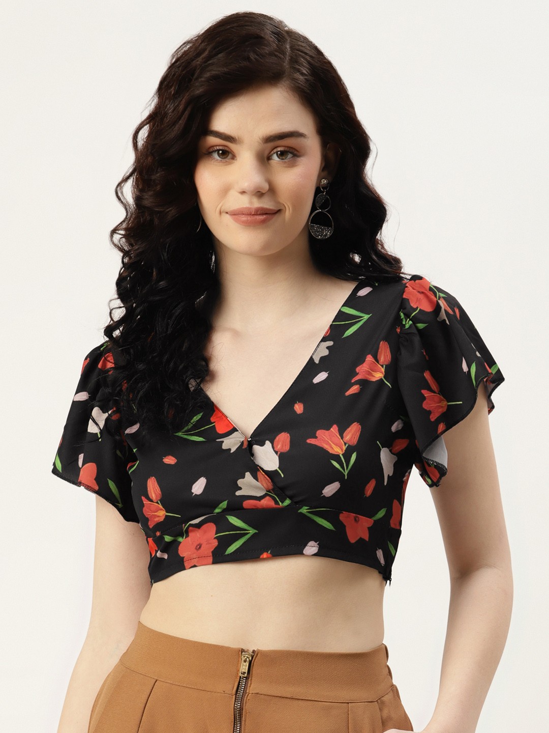 

Sleek Italia Black Floral Print Crepe Wrap Crop Top