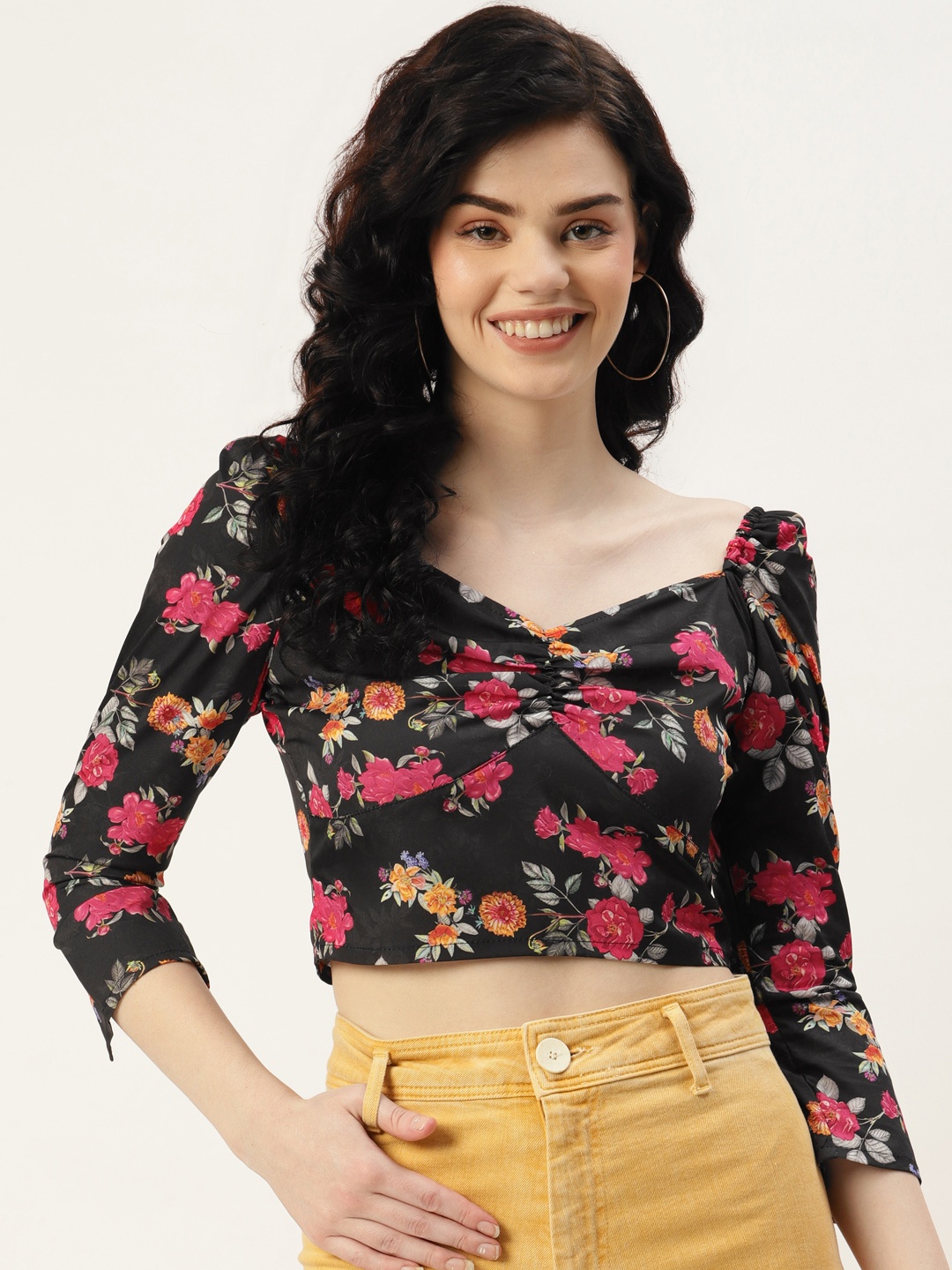 

Sleek Italia Women Black & Multicoloured Floral Print Sweetheart Neck Crepe Crop Top