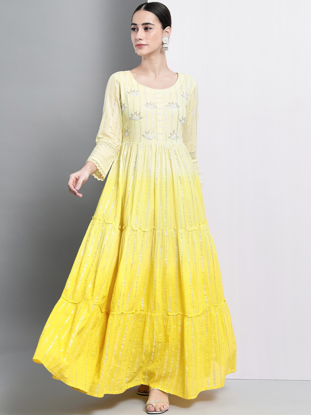 

ADORRO Yellow Striped Cotton Tiered Ethnic Maxi Dress