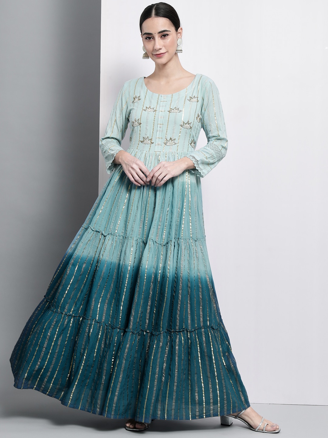 

ADORRO Women Blue Printed Gotta Patti Anarkali Kurta