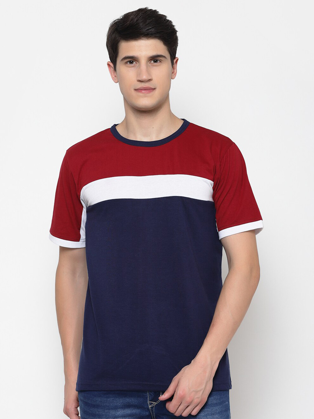 

PAUSE SPORT Men Navy Blue & Red Round Neck Cotton T-shirt