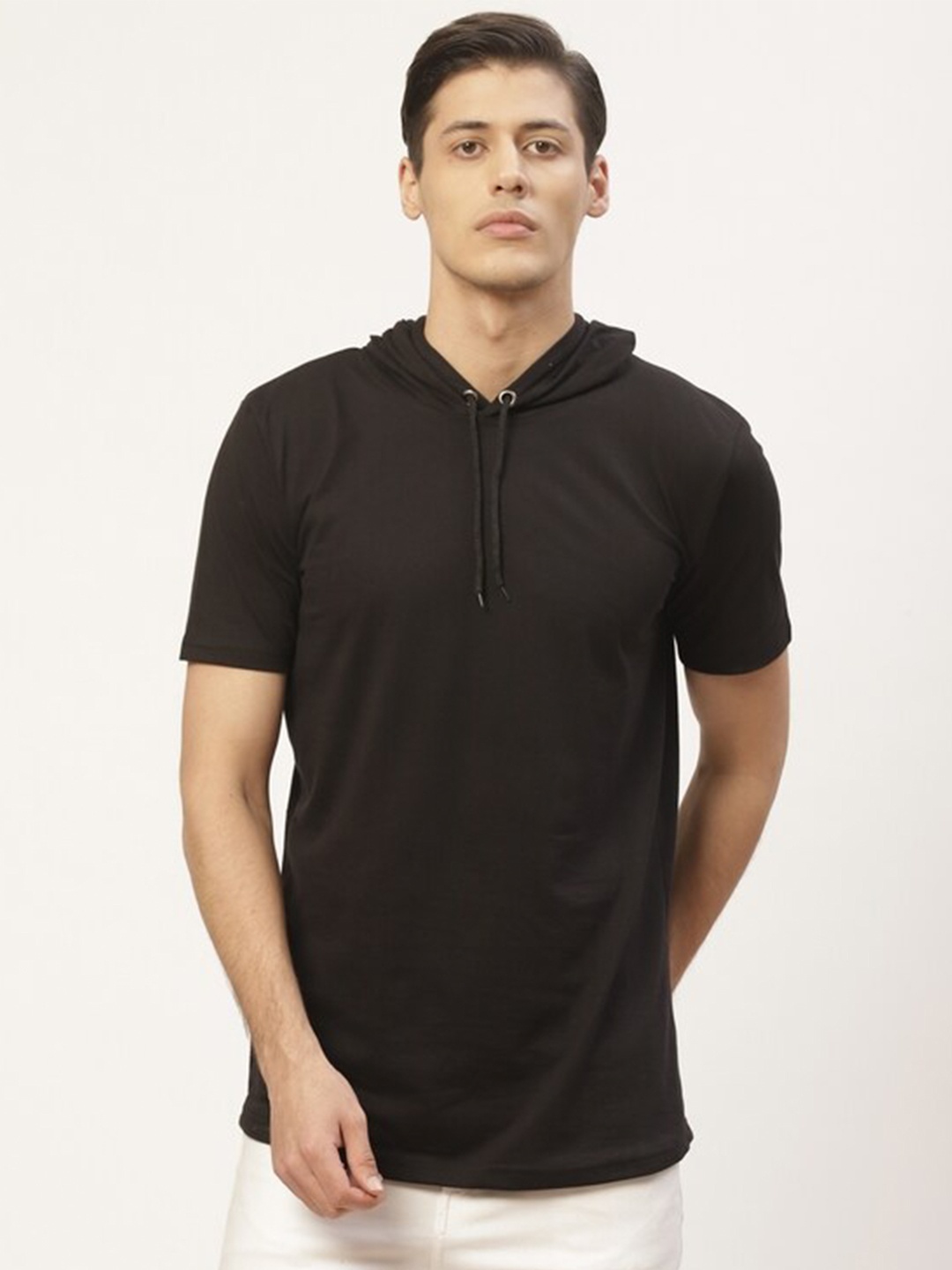 

PAUSE SPORT Men Black Hooded Neck Cotton T-shirt