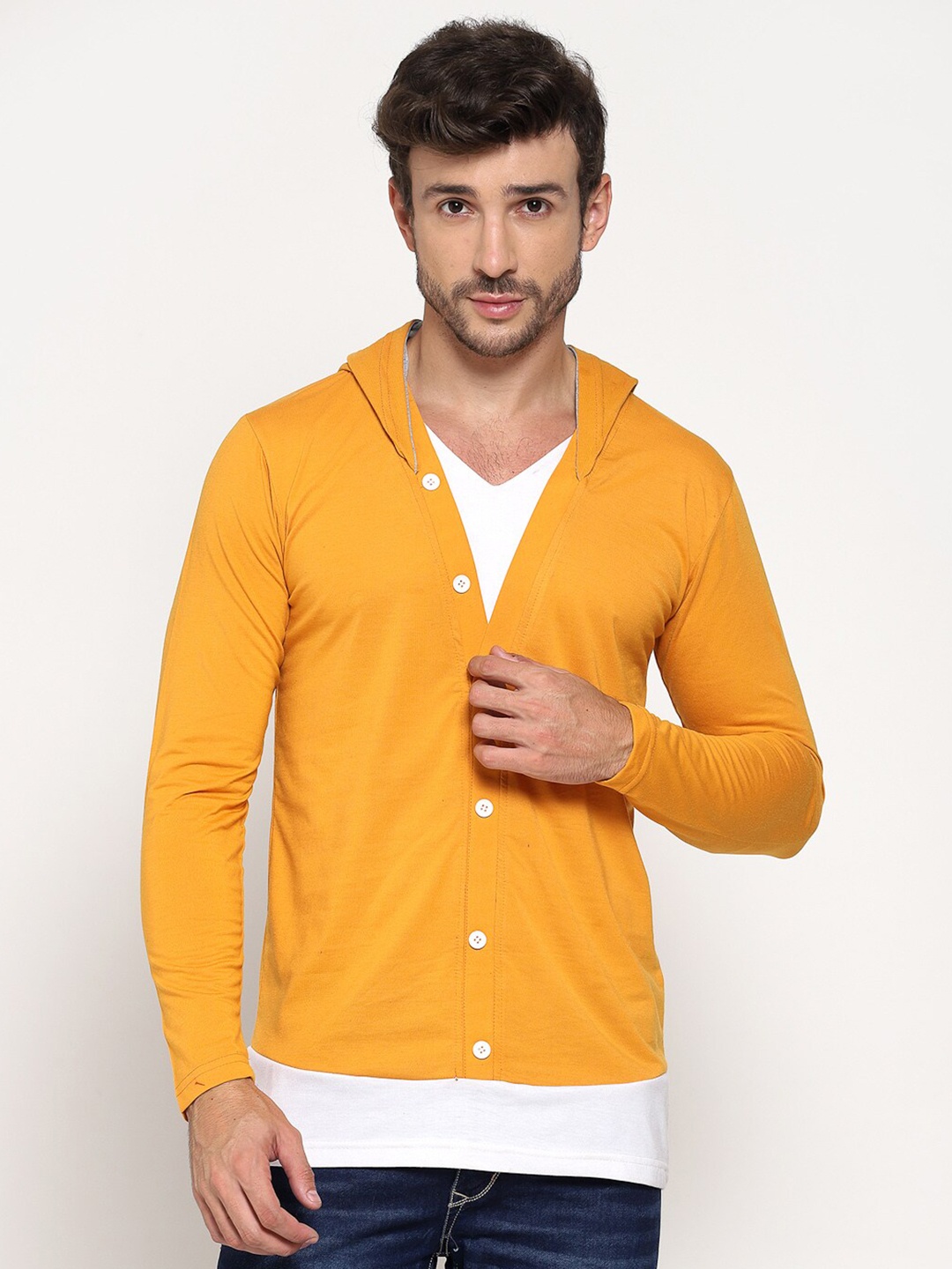 

PAUSE SPORT Men Mustard Yellow & White Hooded Neck Cotton T-shirt