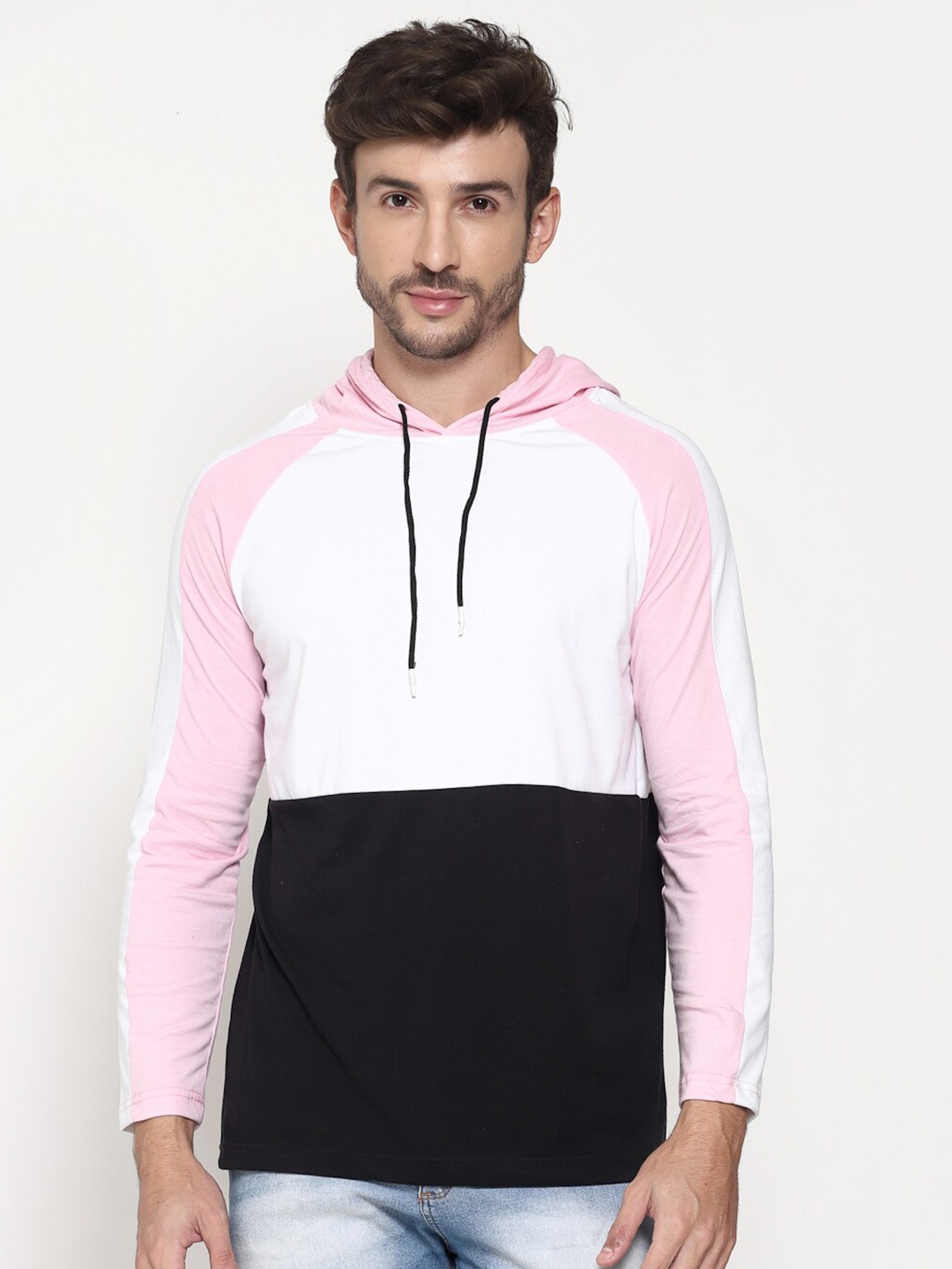 

PAUSE SPORT Men Pink & White Hooded Neck Cotton Sweatshirt